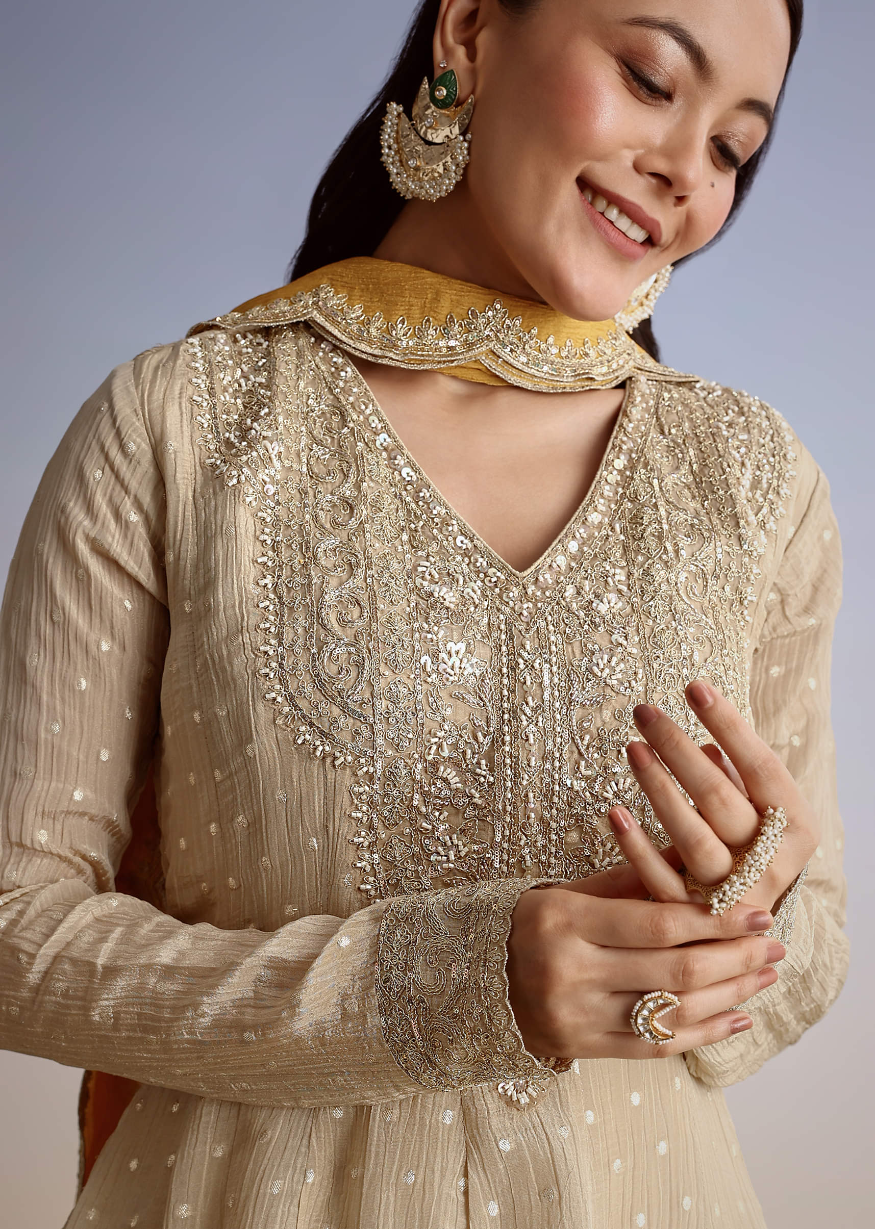 Beige Crush Tissue Embroidered Kurta Sharara Suit With Dupatta - Image 2