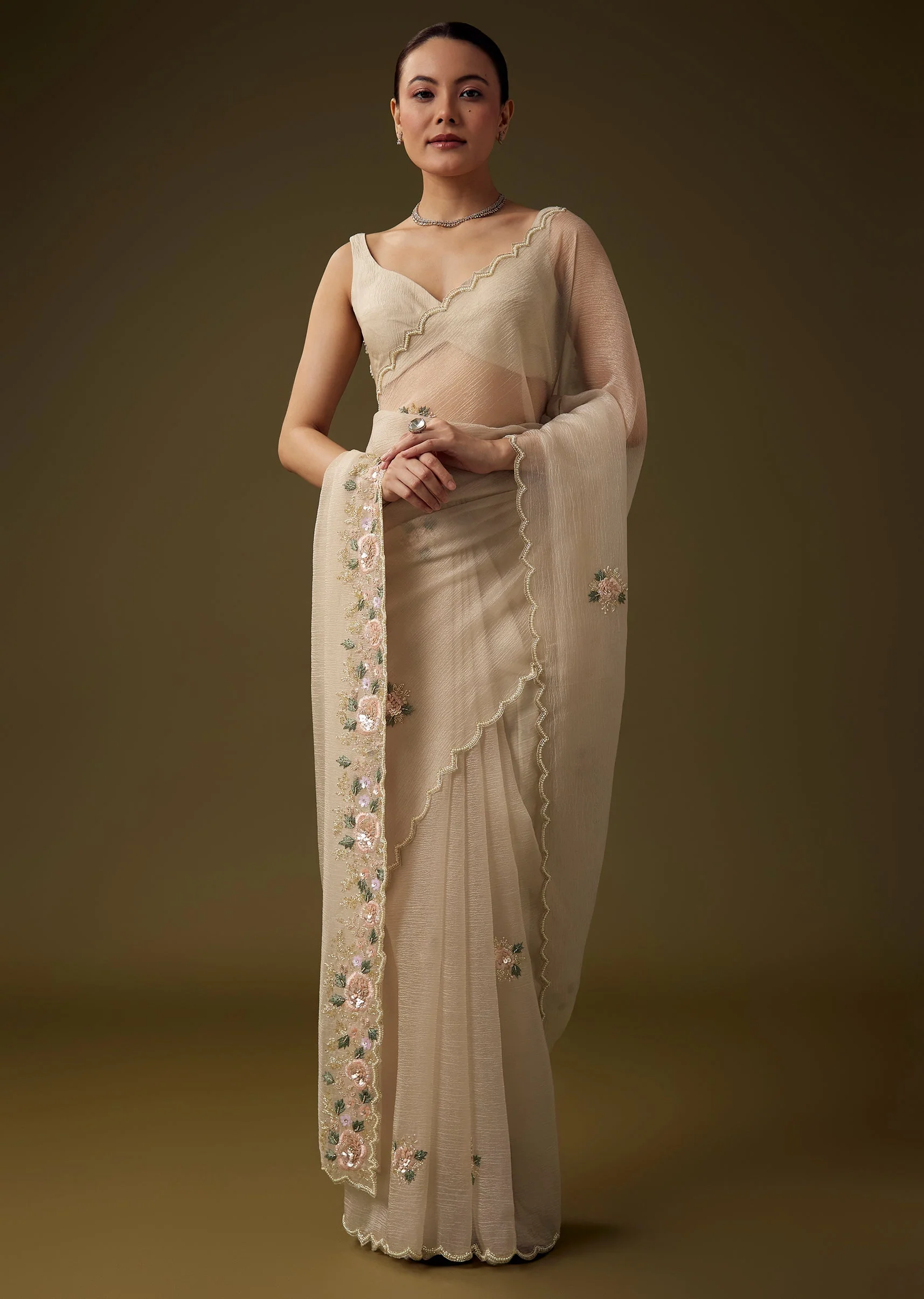 Beige Crush Tissue Embroidered Saree with Unstitched Blouse - Image 3