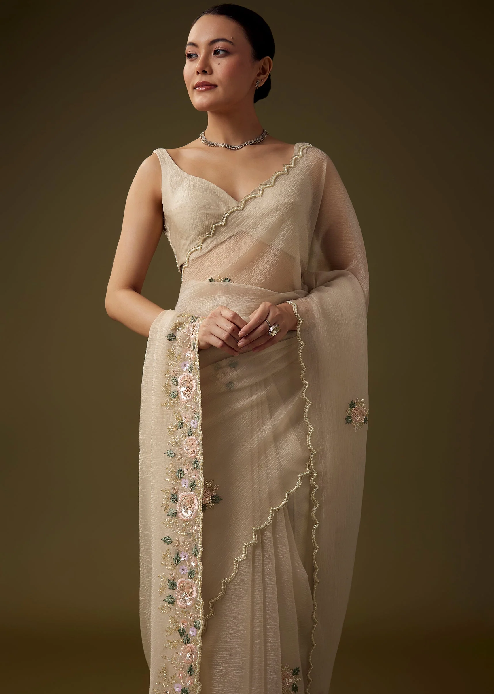 Beige Crush Tissue Embroidered Saree with Unstitched Blouse - Image 5