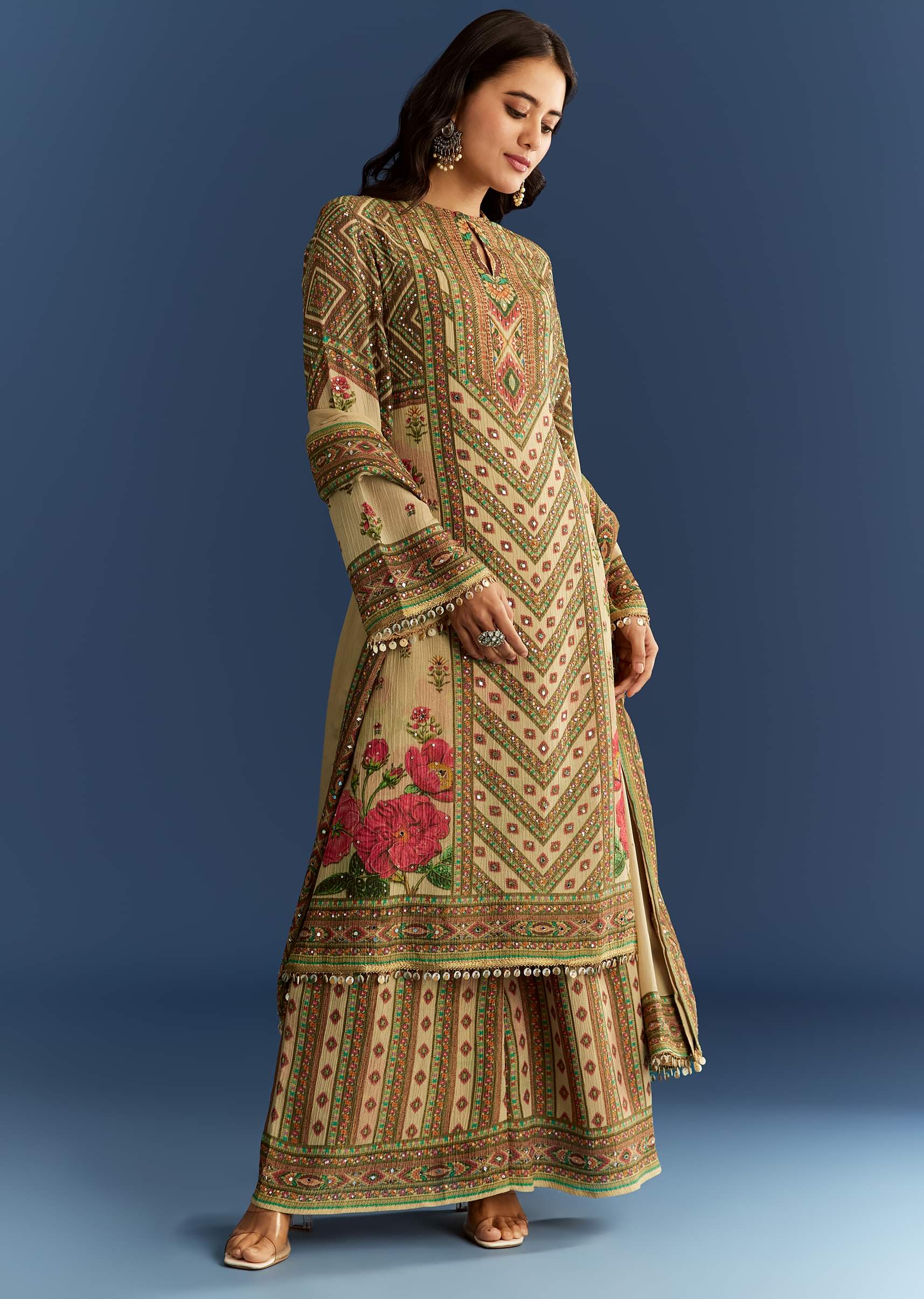 Beige Crush Tissue Floral Printed Kurta With Printed Palazzo - Image 3