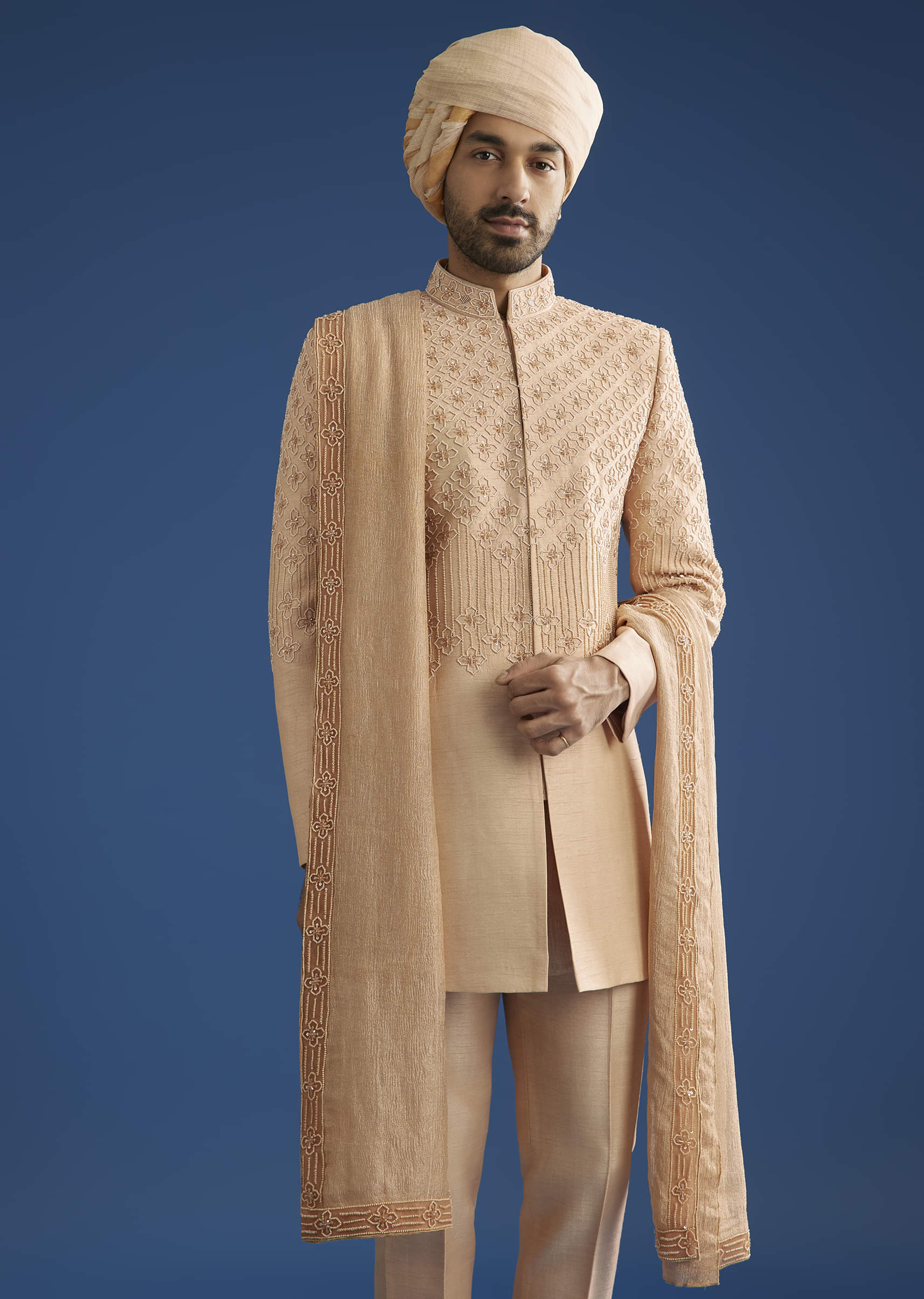 Beige Crush Tissue Sherwani Set With Hand Embroidery - Image 2
