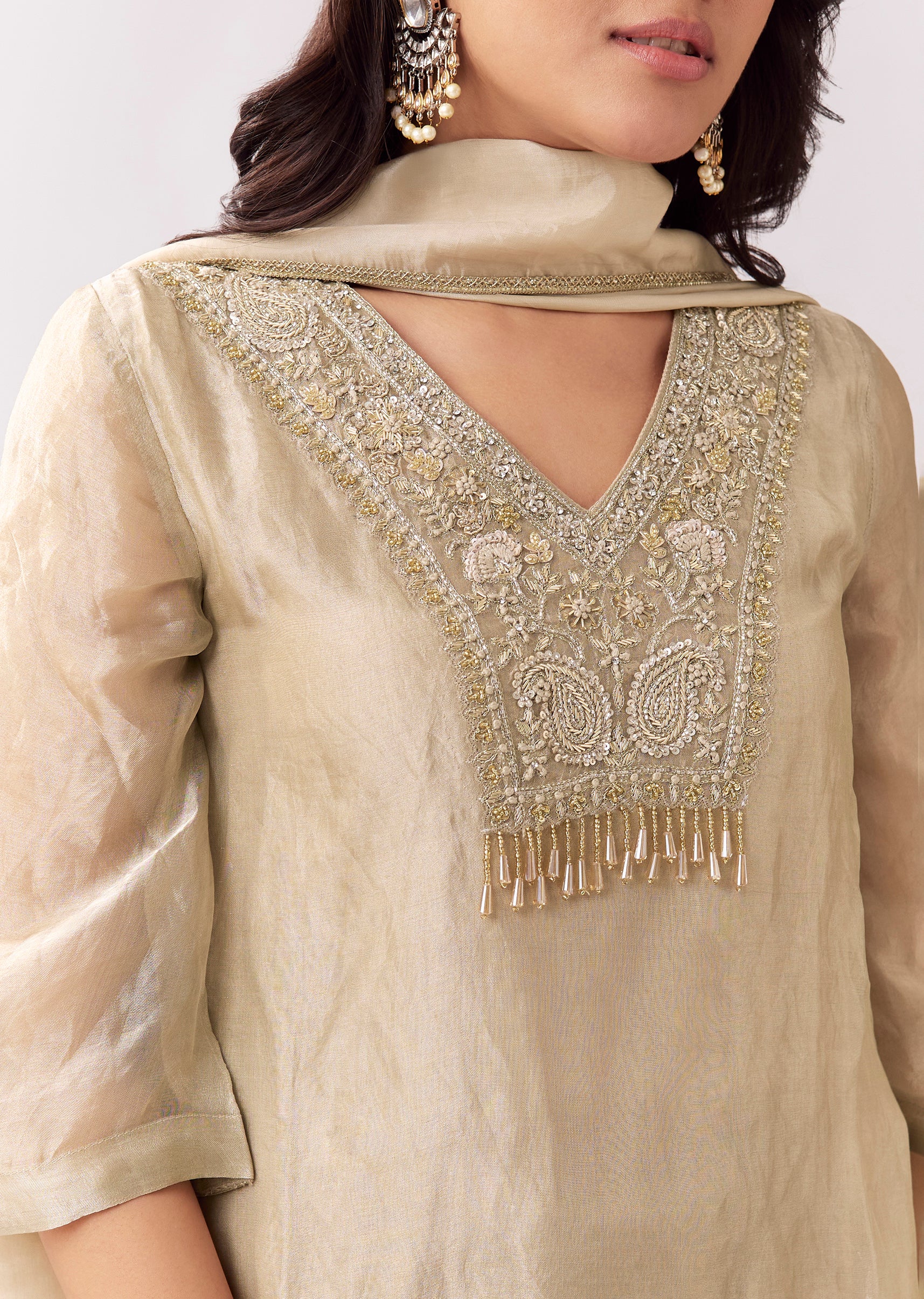 Beige Elegance Pair – Shimmer Suit For Her And Kurta Set For Him - Image 4