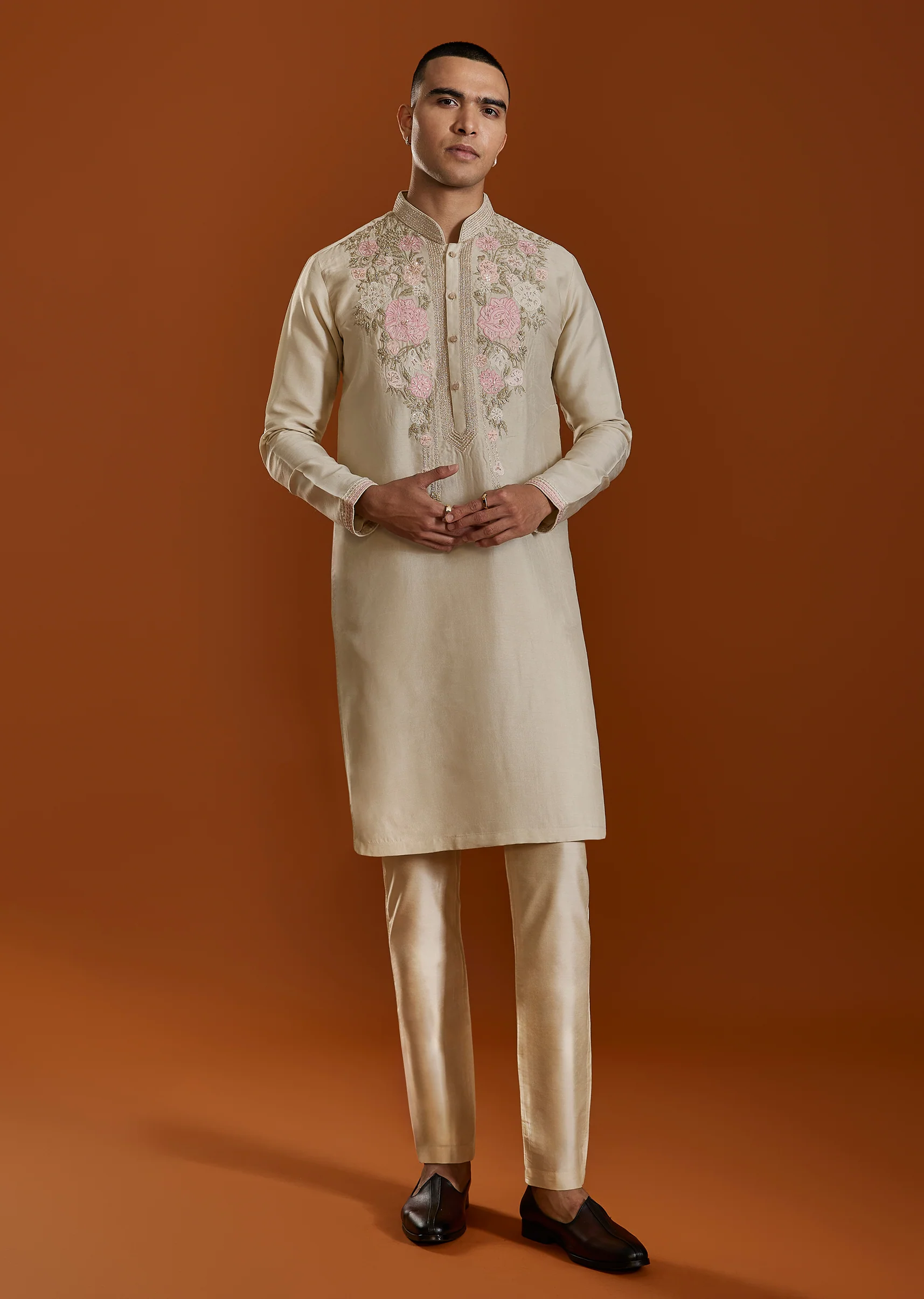 Beige Elegance Pair – Shimmer Suit For Her And Kurta Set For Him - Image 8