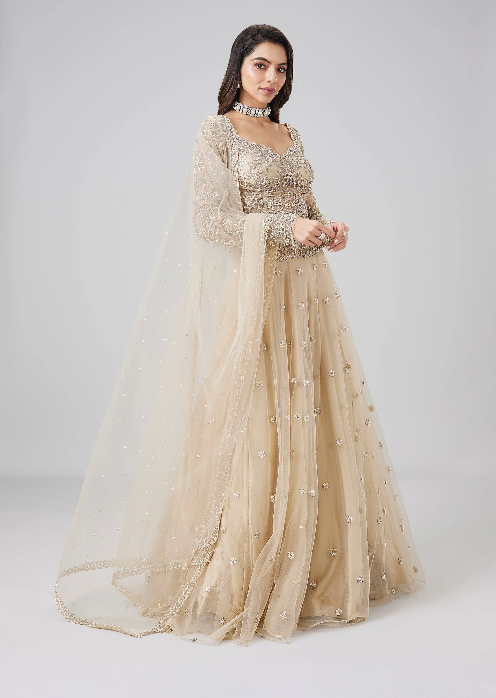 Beige Embellished Net Lehenga Set With Dupatta