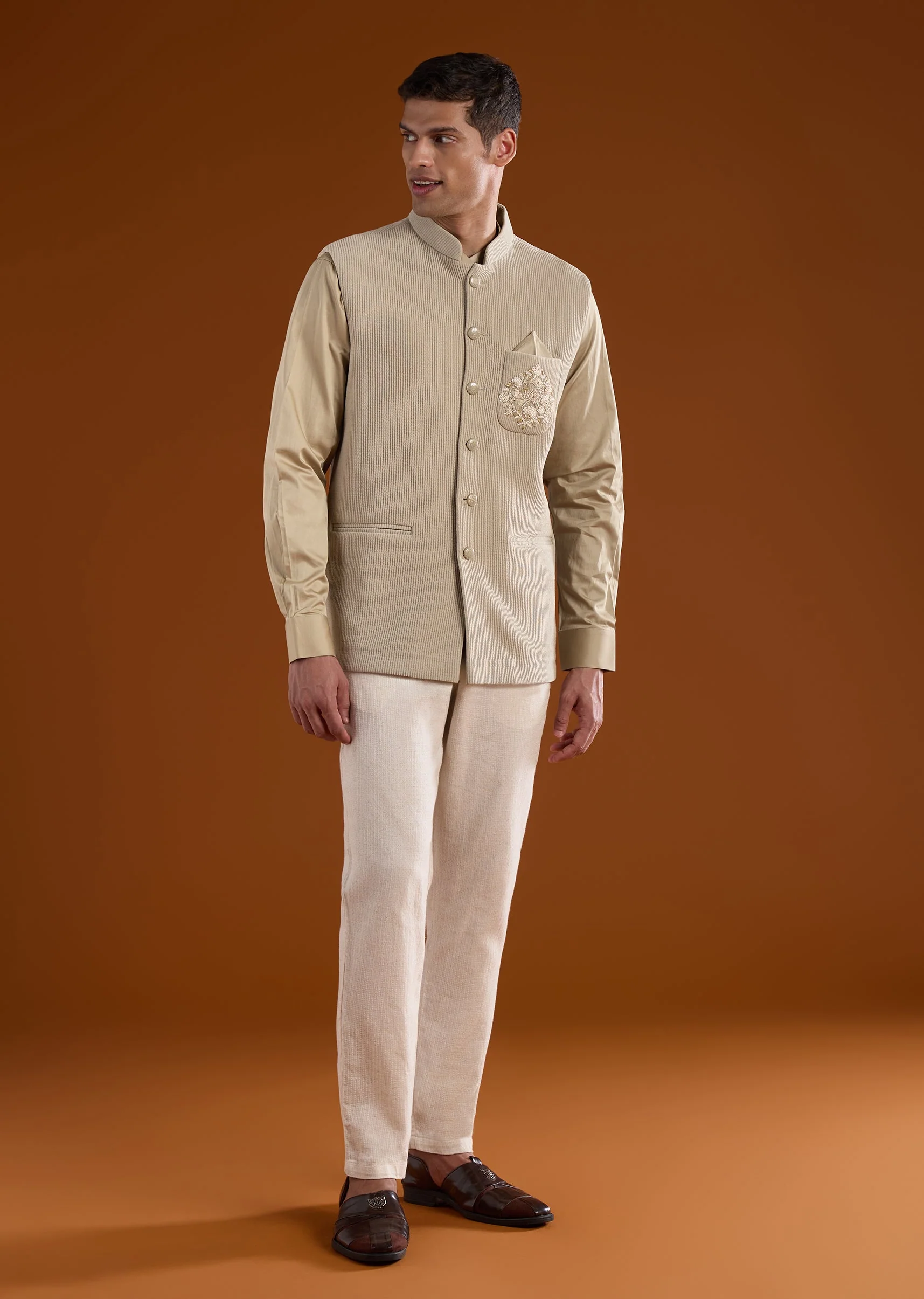 Beige Embroidered Corduroy Kurta Jacket Set - Image 2