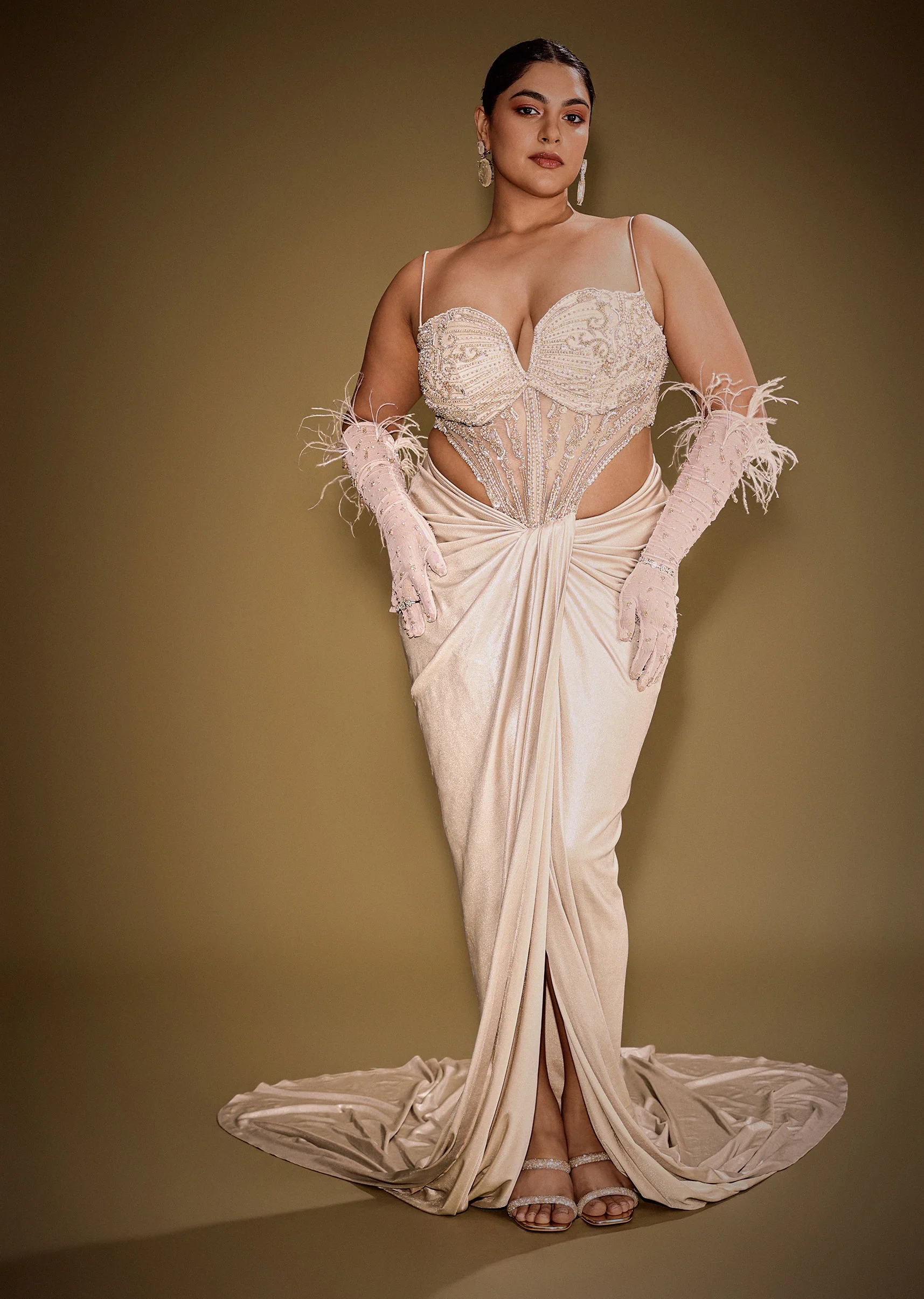 Beige Embroidered Drape Gown With Full Length Embroidered Cape - Image 6