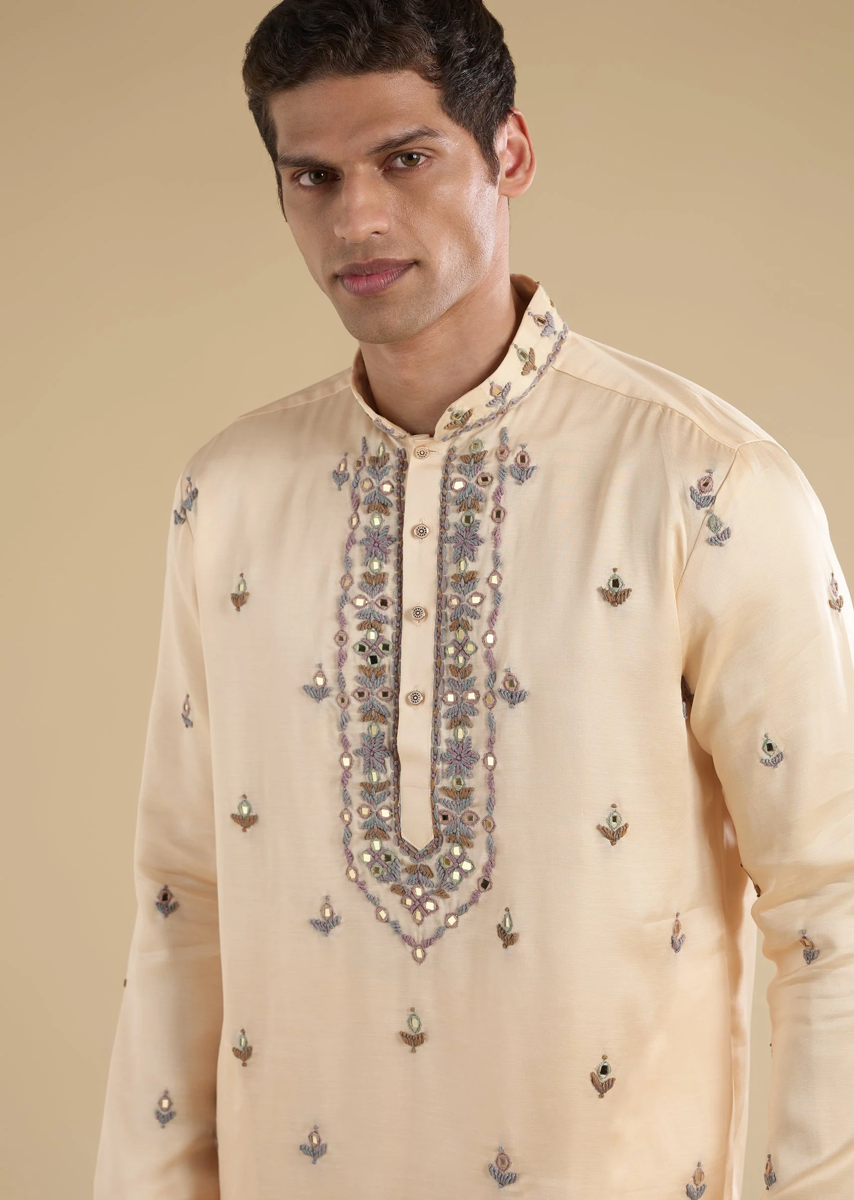 Beige Embroidered Kurta Set With Dupatta - Image 4