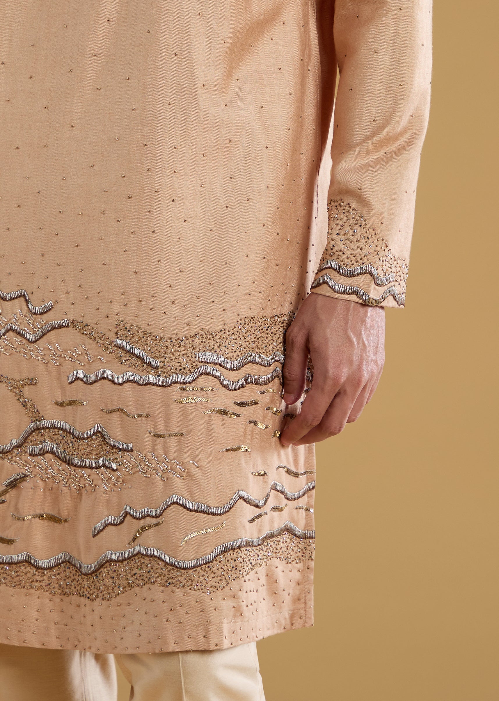 Beige Embroidered Mens Kurta Pant Set - Image 2