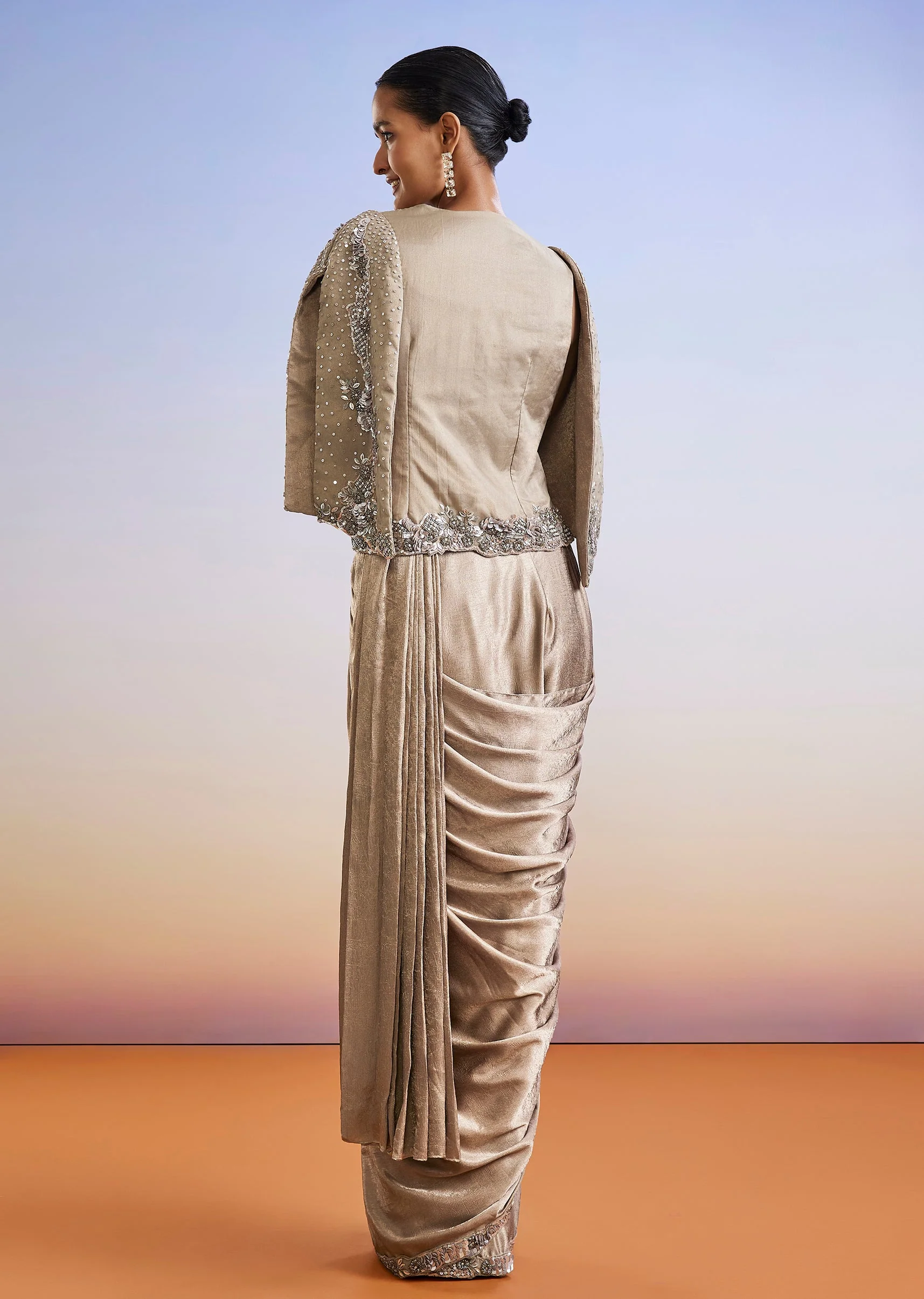 Beige Embroidered Ready Pleated Saree With Cape Jacket - Image 5
