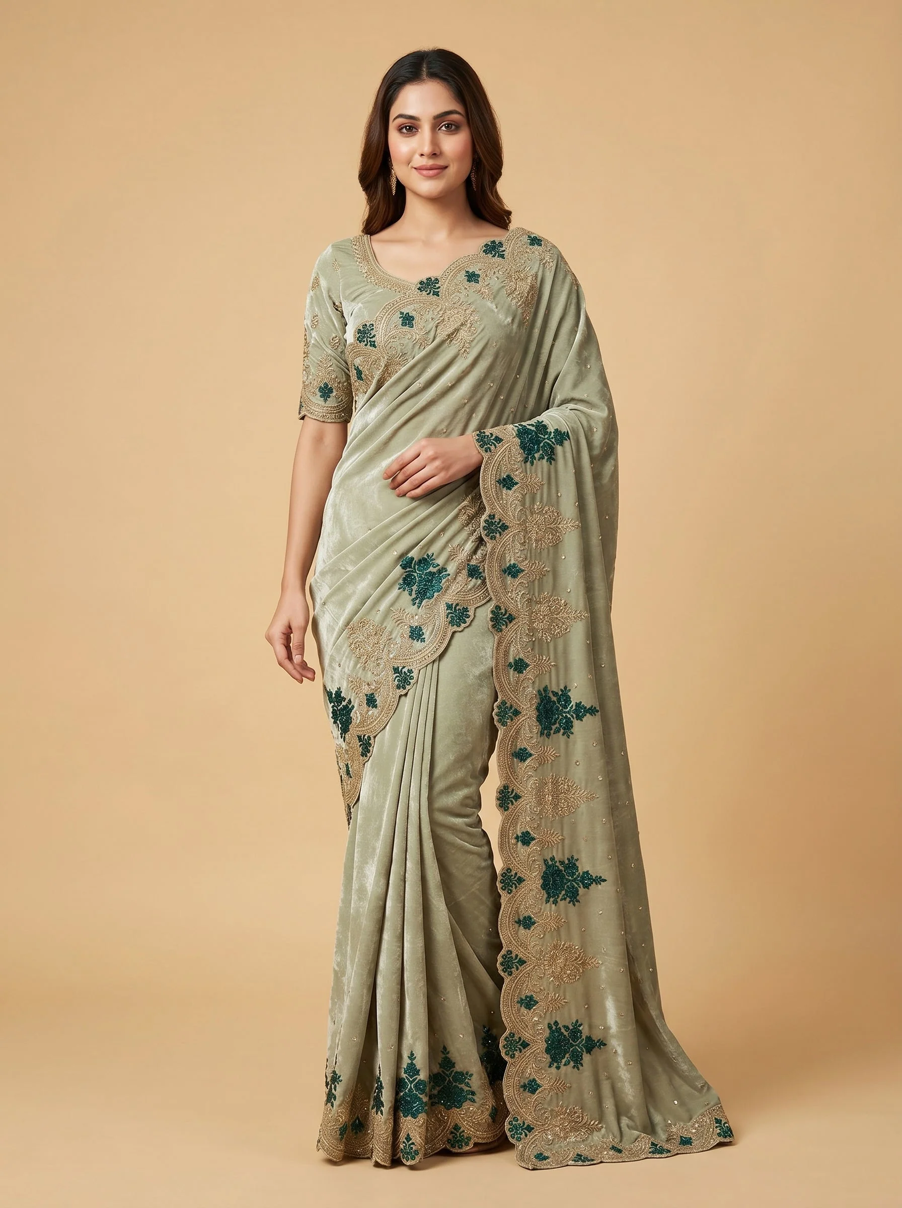 Beige embroidered saree with delicate motifs