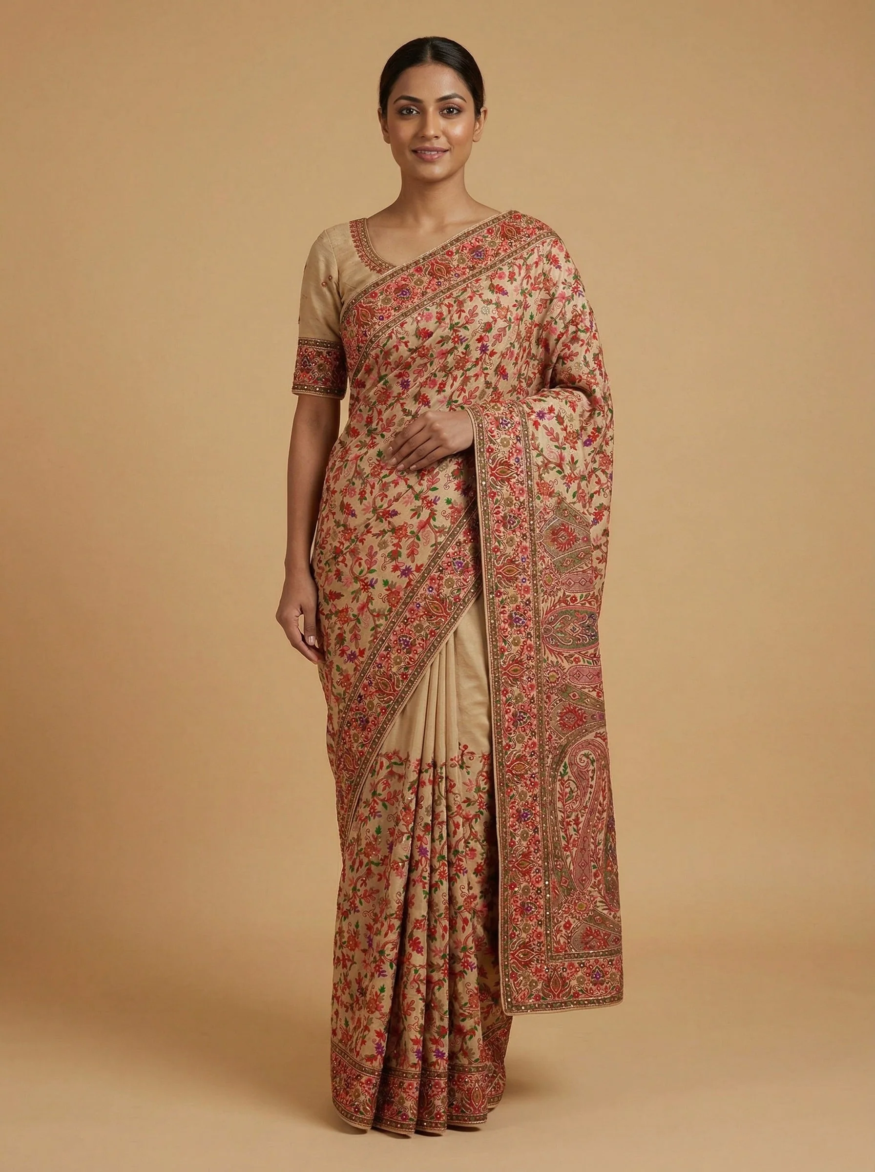 Beige Even-Toned Embroidered Saree