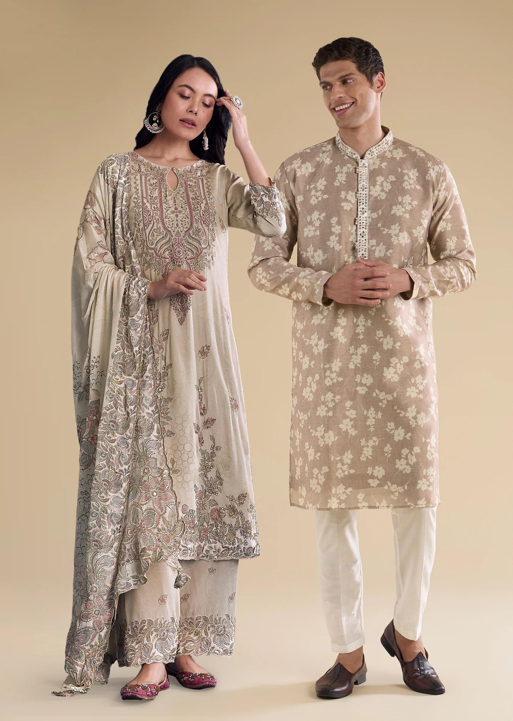 Beige Floral Coordinated Look – Crepe Zari Kurta Set For Her And Beige Embroidered Kurta Set For Him