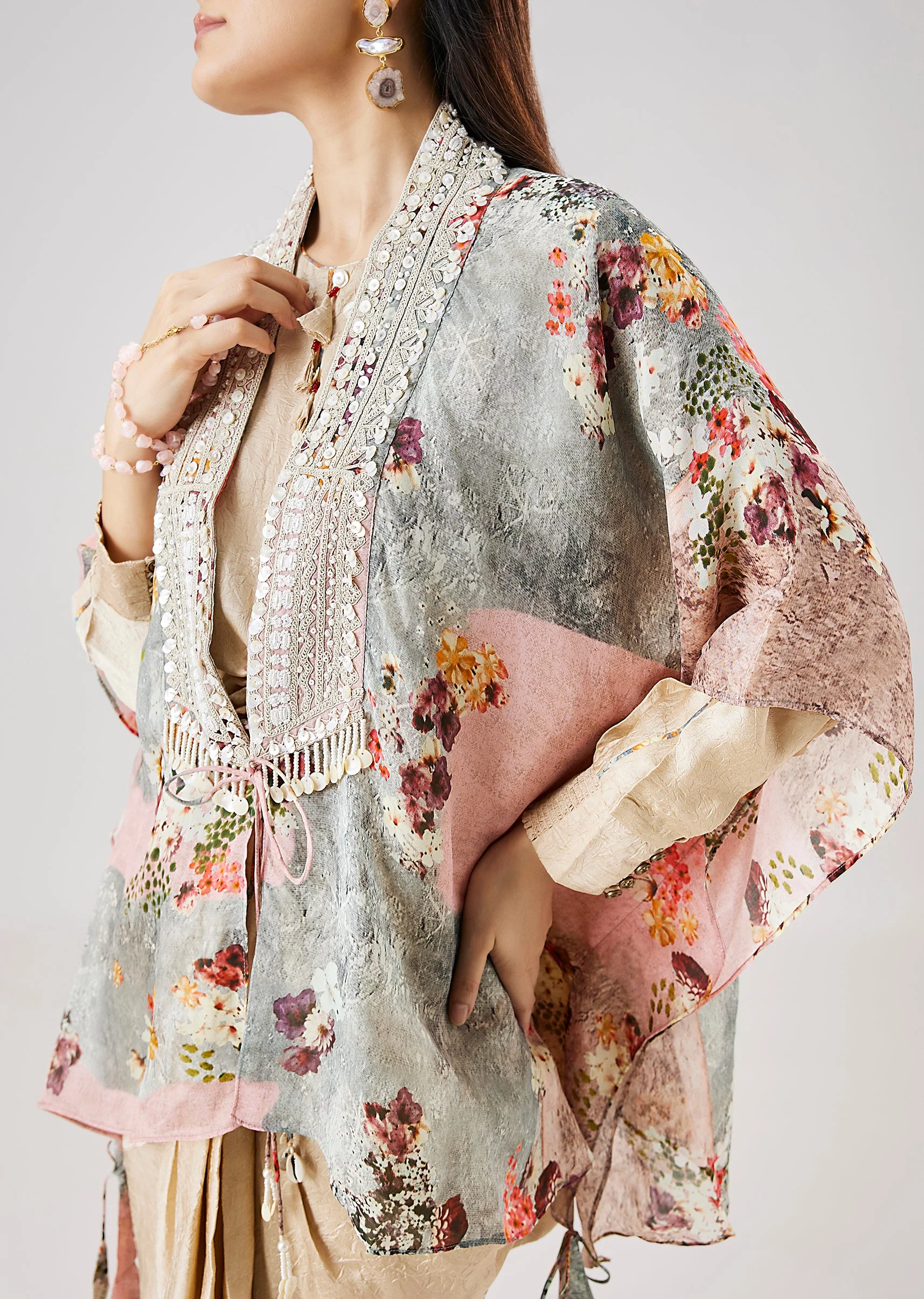 Beige Floral Printed Cape And Drape Skirt Set - Image 2