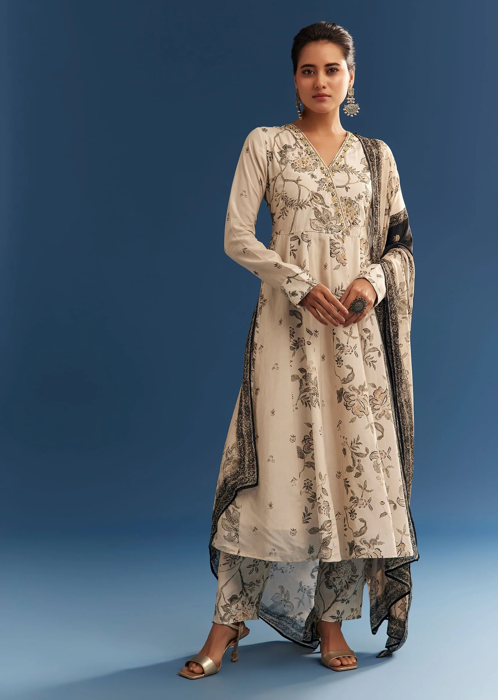 Beige Floral Printed Crepe Anarkali Set With Embroidered Neckline - Image 3