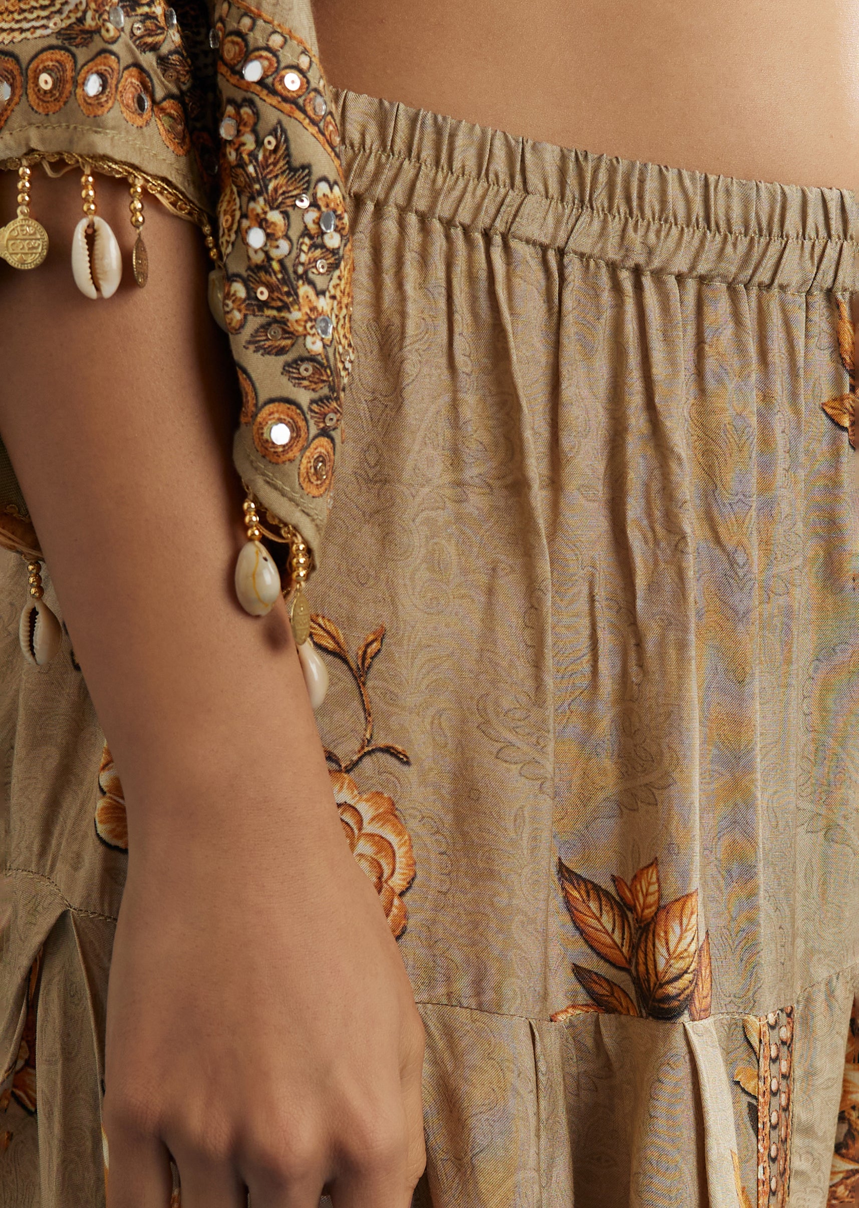Beige Floral Printed Kaftan Dhoti Set With Shells And Metal Coin Tassels - Image 6