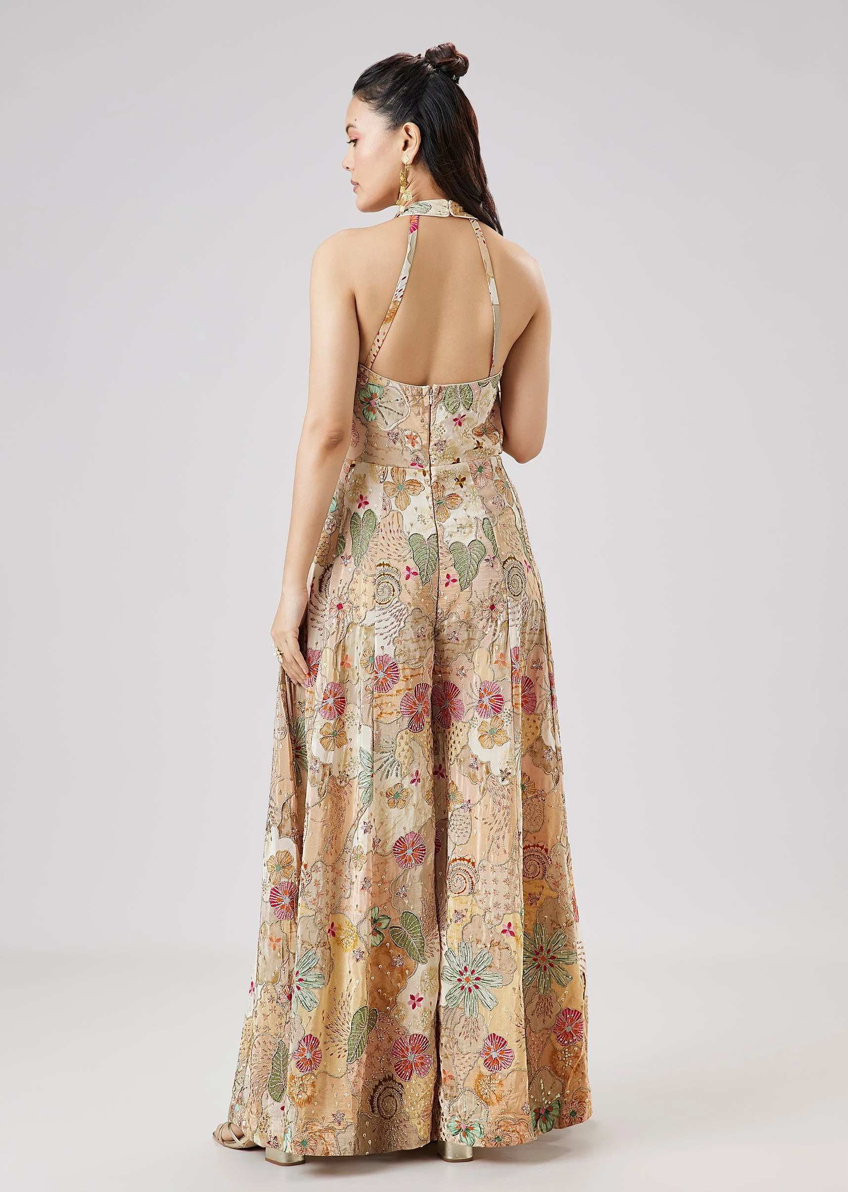 Beige Floral Printed Zari And Mirror Work Jumpsuit - Image 5