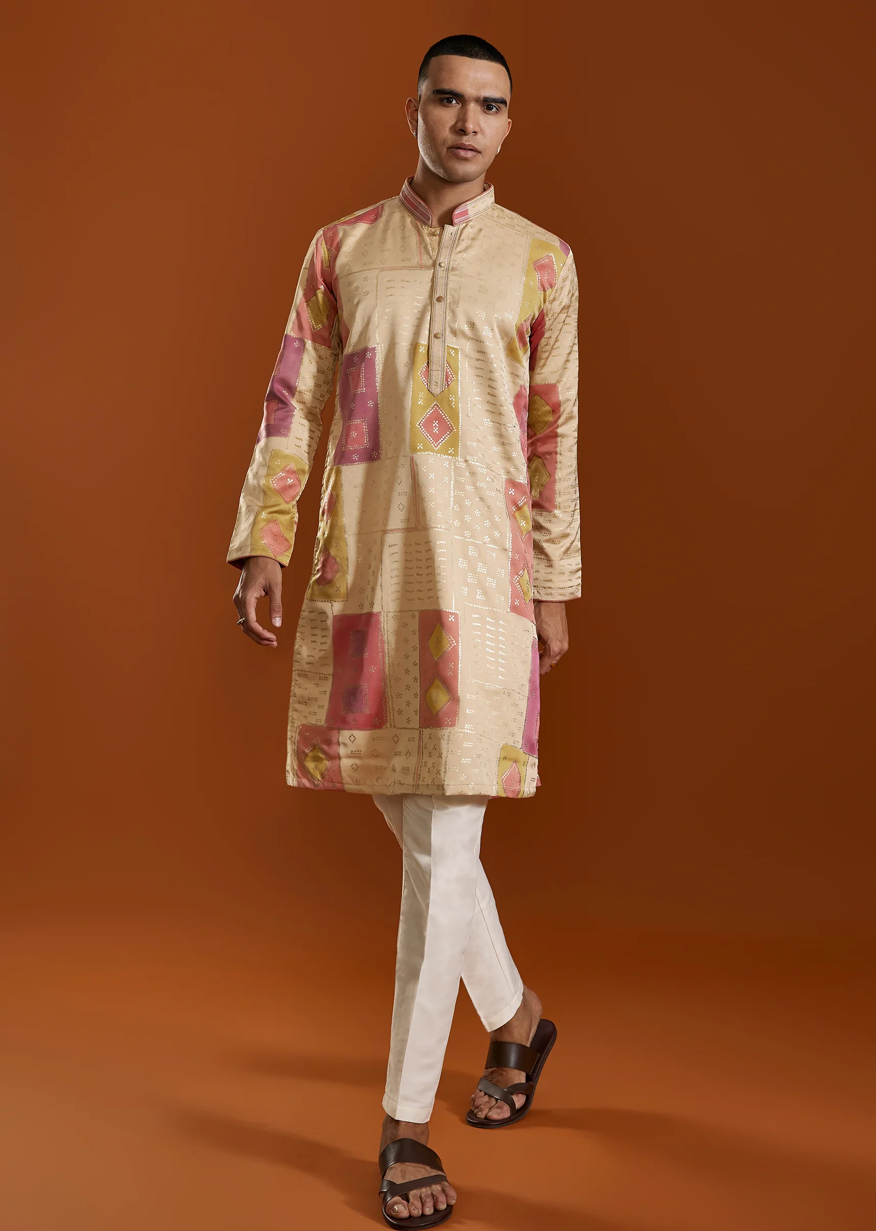 Beige Foil Print Silk Kurta Set - Image 3