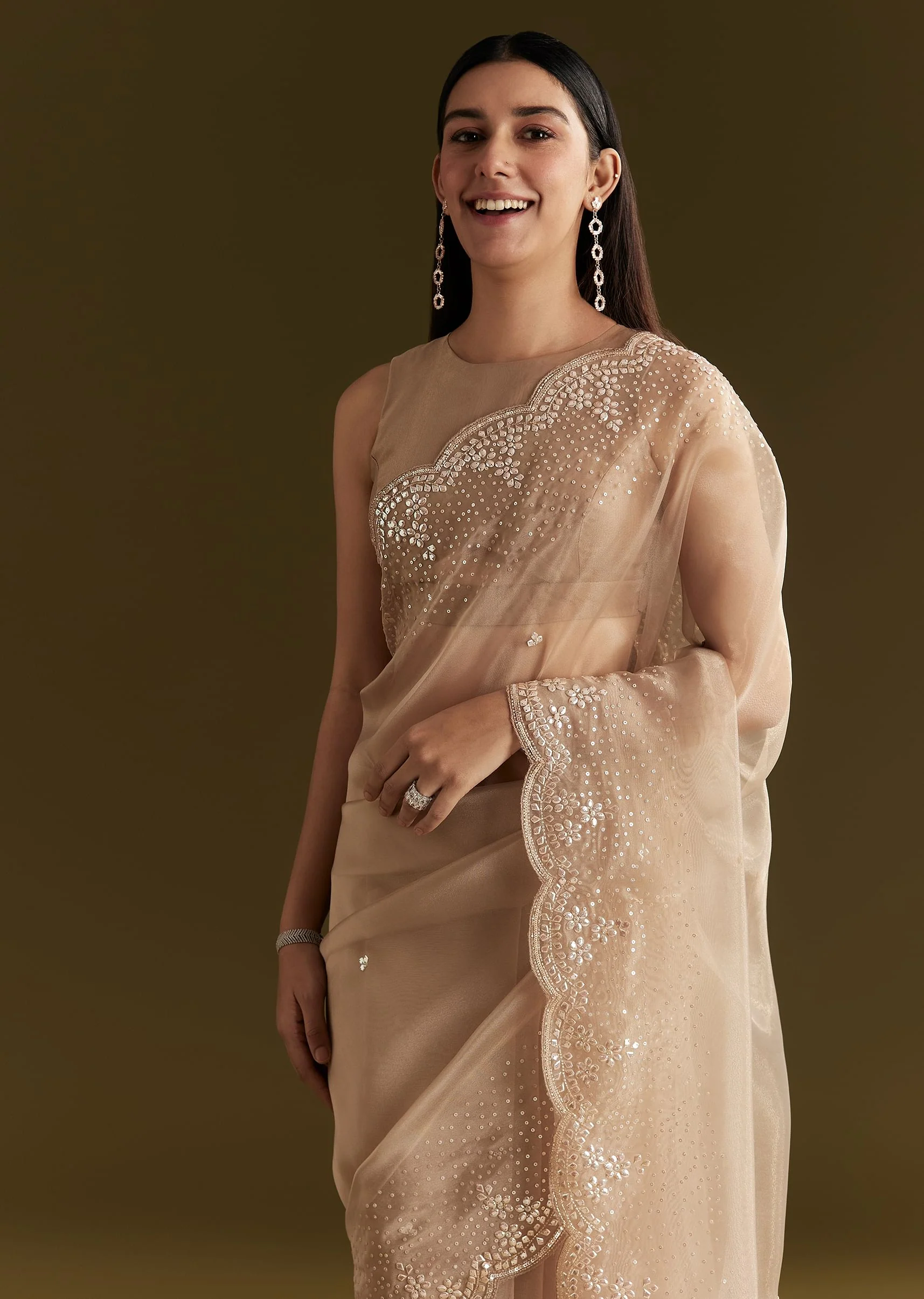 Beige Glass Tissue Embroidered Saree With Scallop Border - Image 3