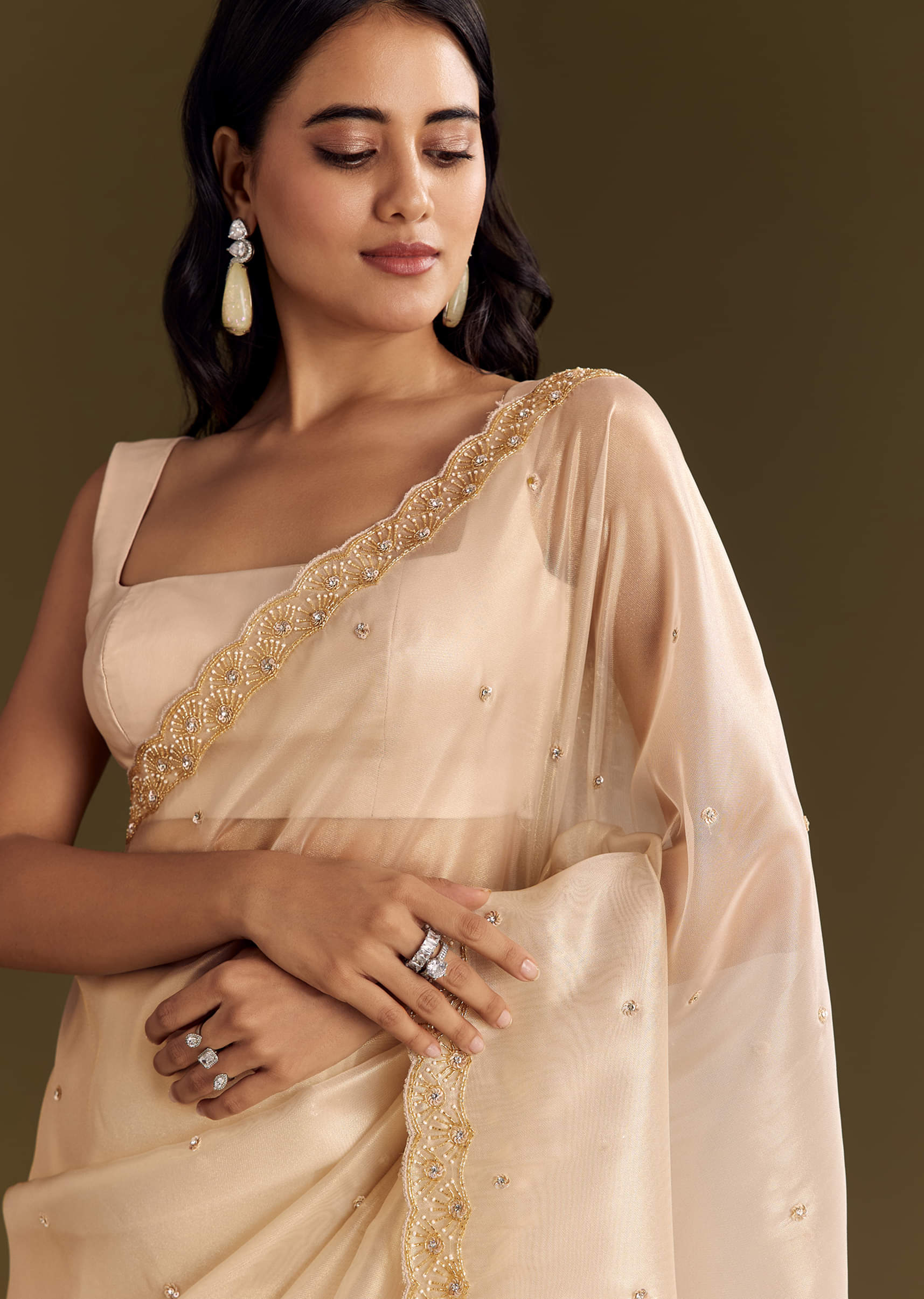 Beige Glass Tissue Saree With Cutdana And Beads Scallop Border - Image 3