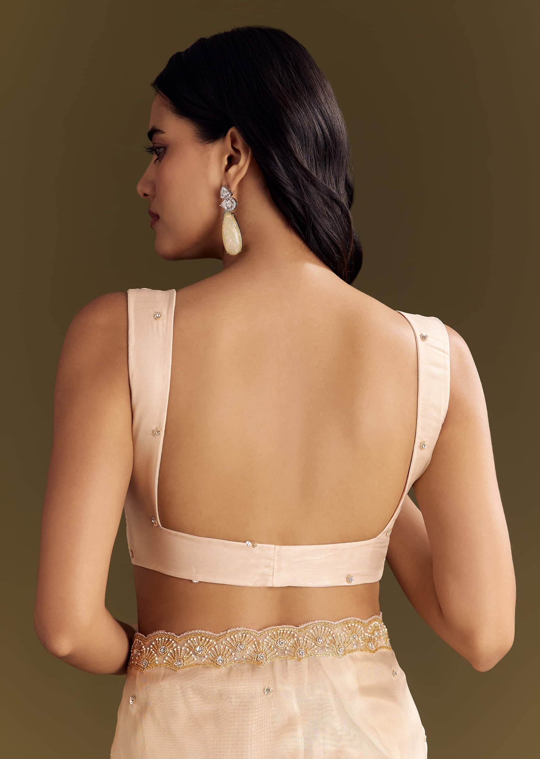 Beige Glass Tissue Saree With Cutdana And Beads Scallop Border - Image 8
