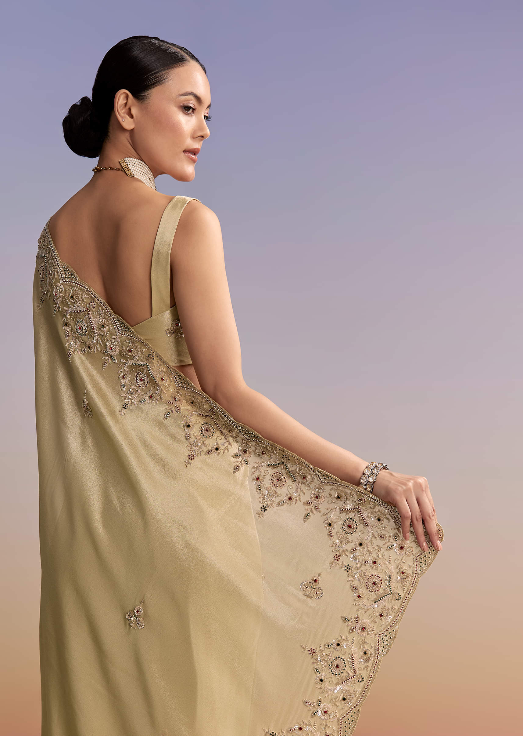Beige Gold Tissue Embroidered Saree With Zardosi And Stone Work - Image 6