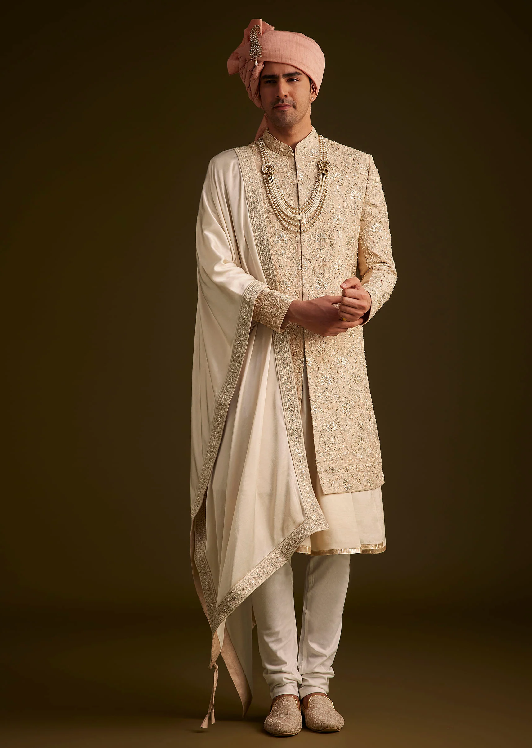 Beige Gotta Work Embroidered Sherwani And Matching Dupatta - Image 4