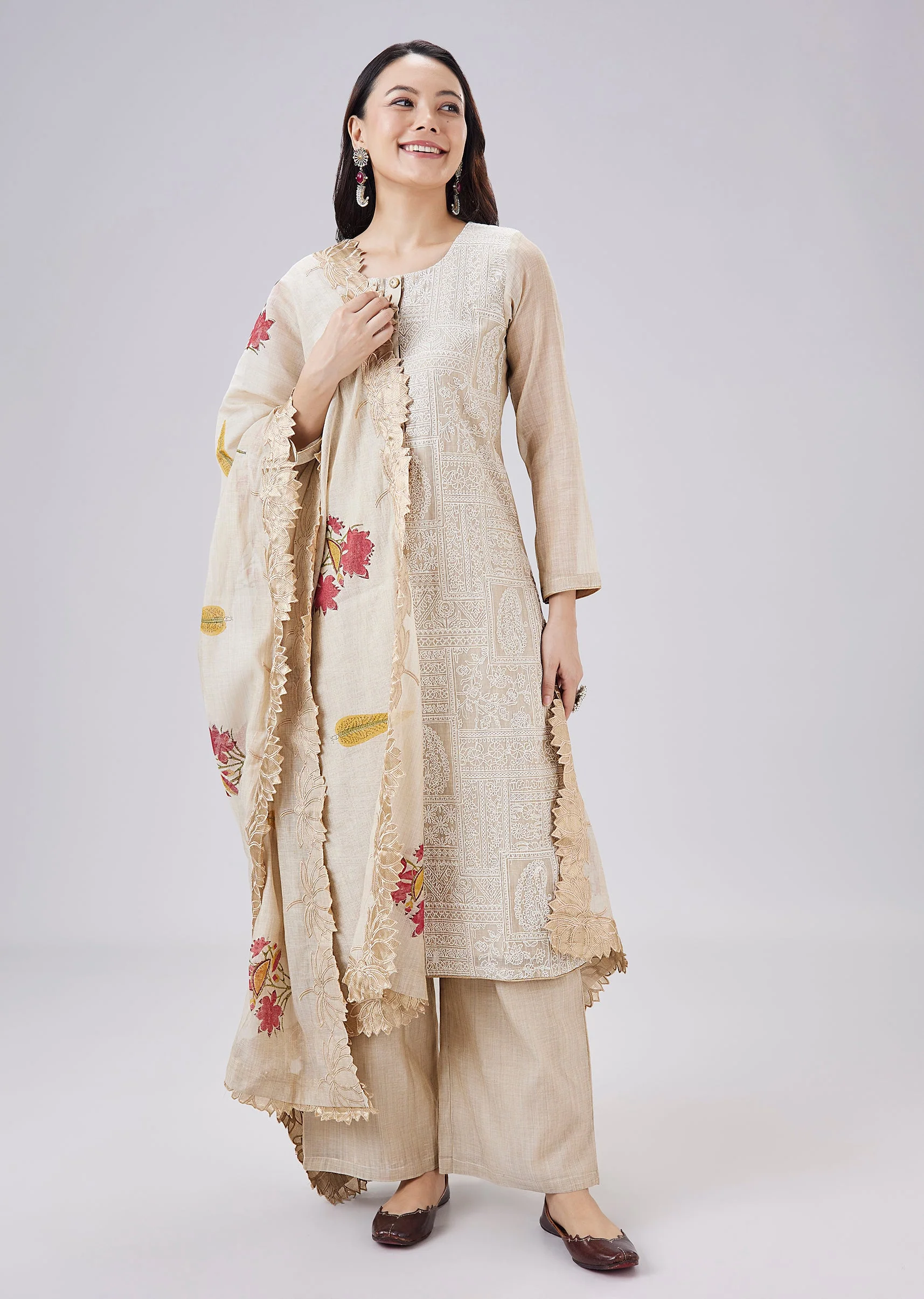 Beige Hand Block Embroidery Chanderi Kurta Set With Cut Work Dupatta - Image 3