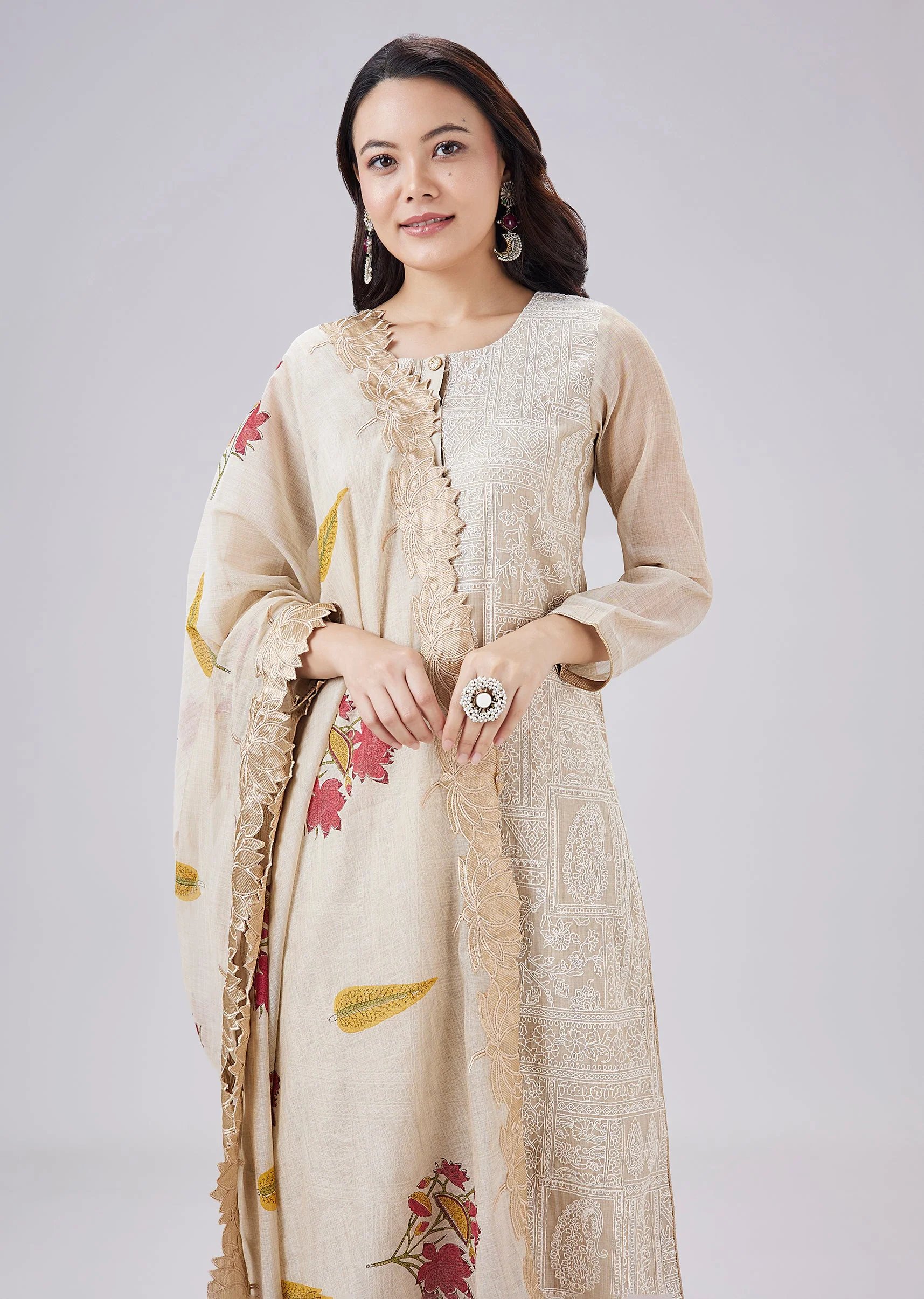 Beige Hand Block Embroidery Chanderi Kurta Set With Cut Work Dupatta - Image 4