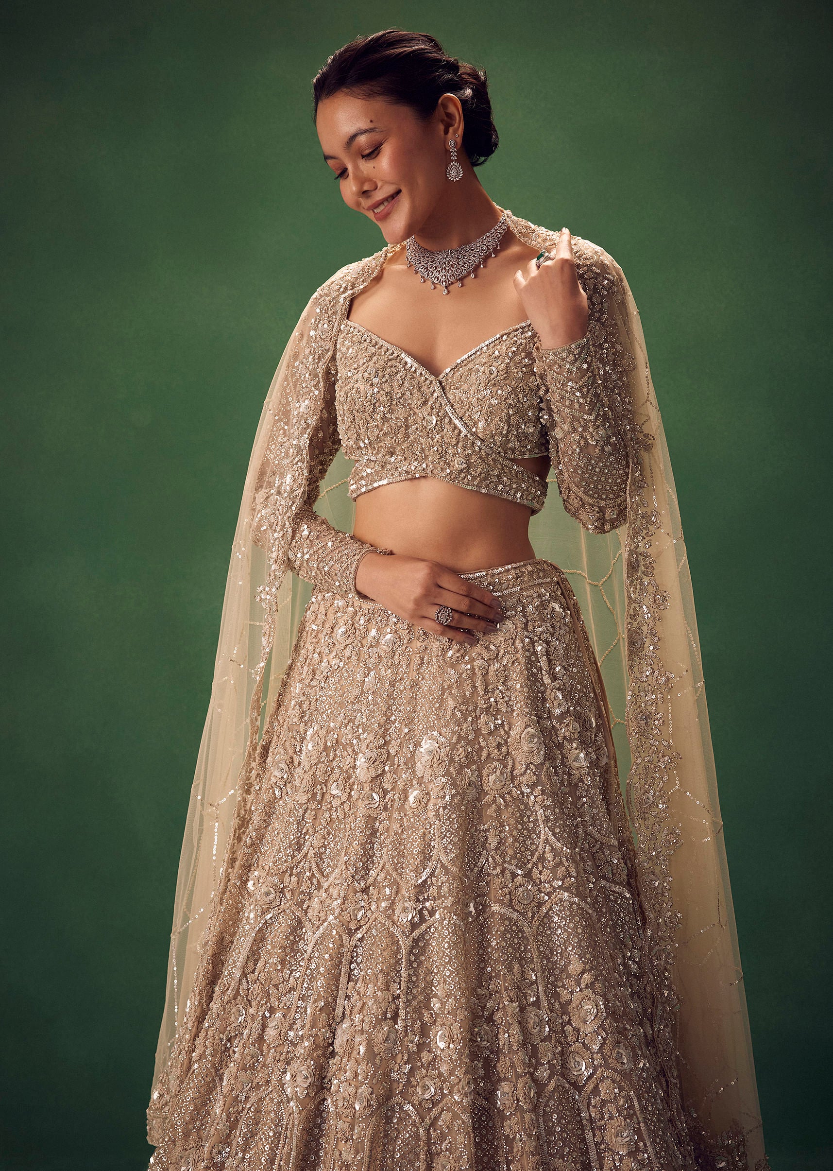 Beige Hand Embroidered Sequin Work Lehenga Set - Image 5