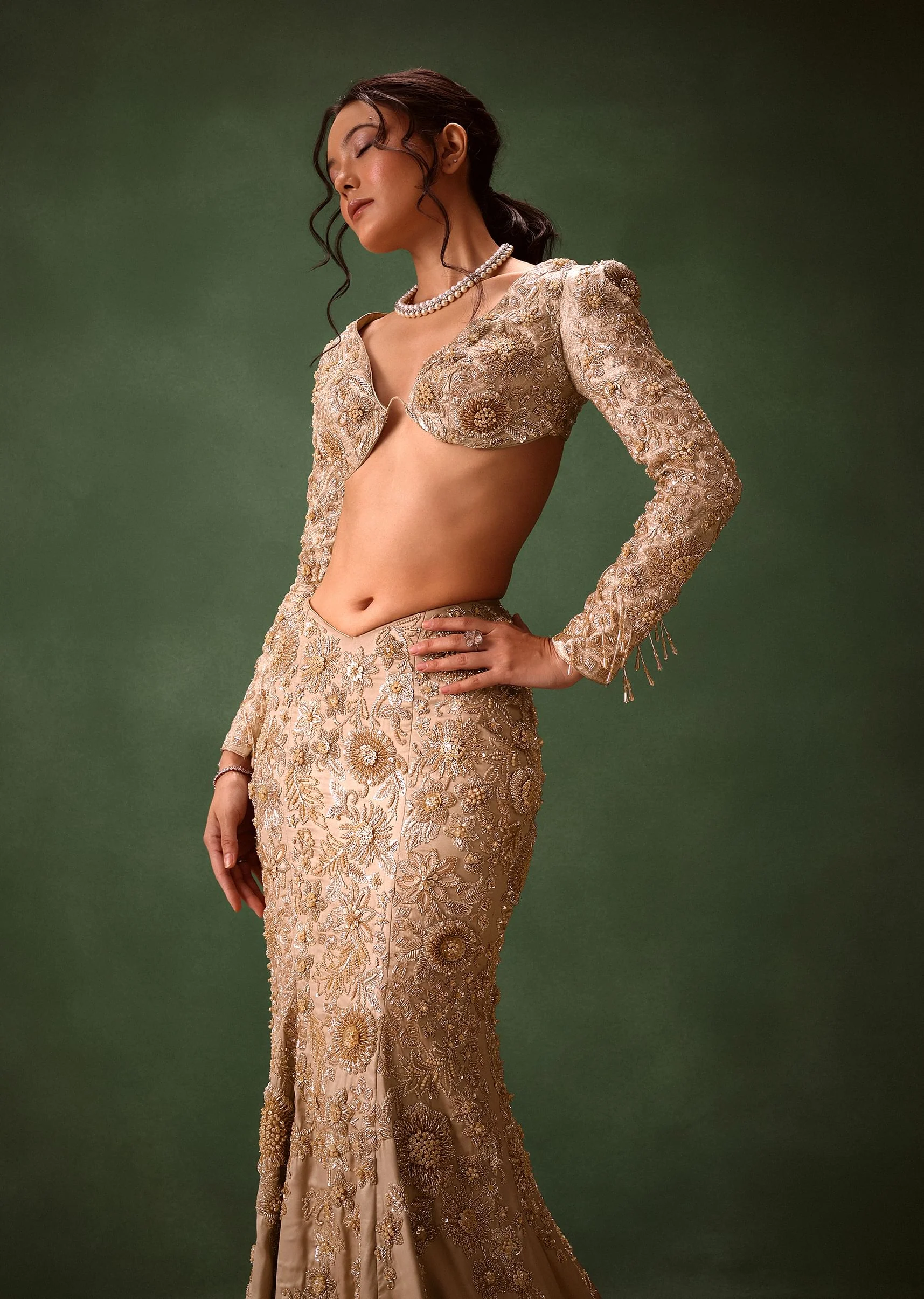 Beige Heavy Embroidered Skirt Suit With Full Sleeves V Neck Blouse - Image 4