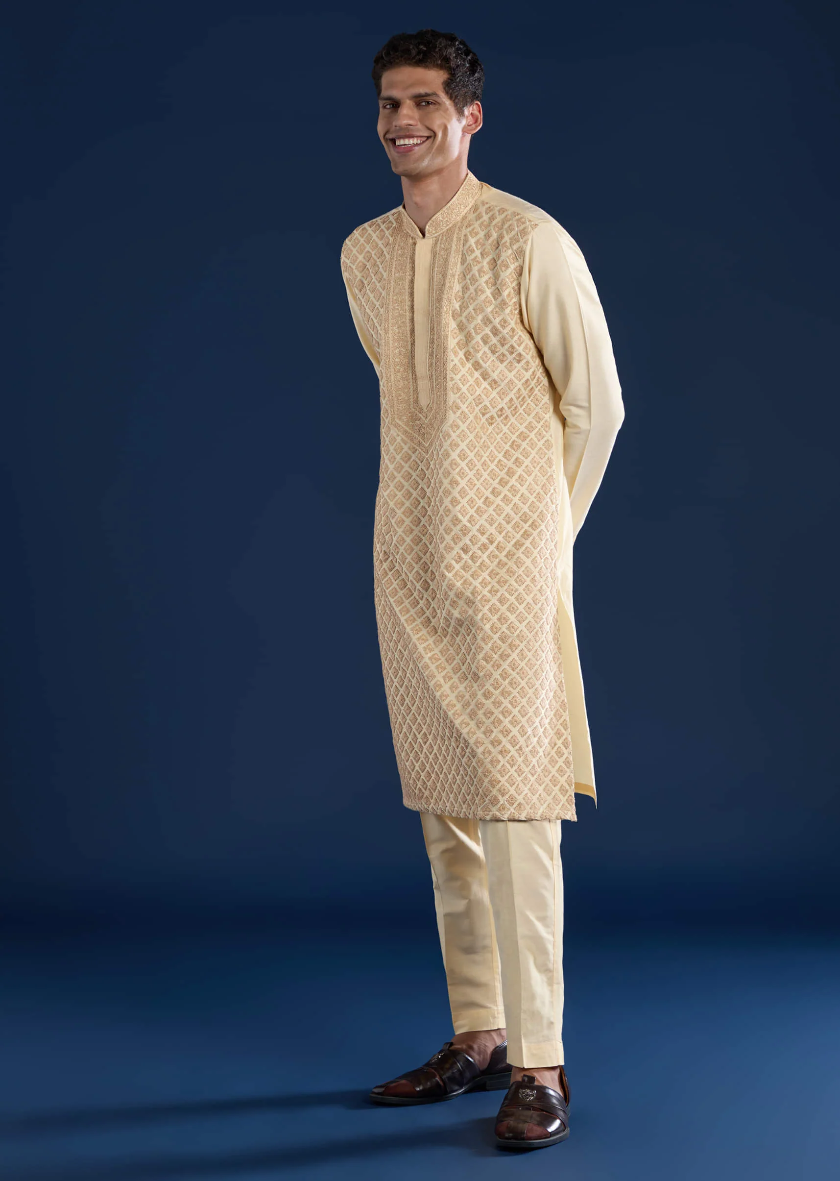 Beige Heavy Hand Work Banarsi Silk Kurta And Pant Set - Image 3