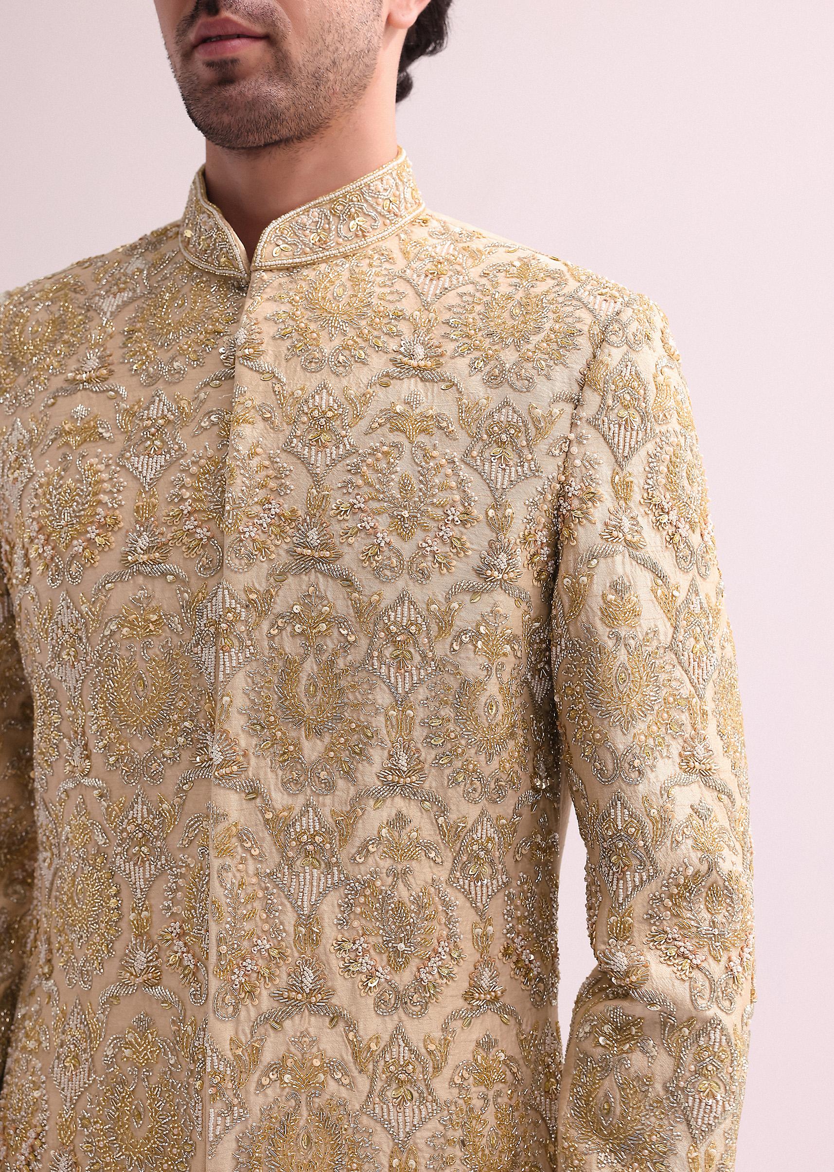 Beige High Collar Silk Sherwani And Kurta Set - Image 4