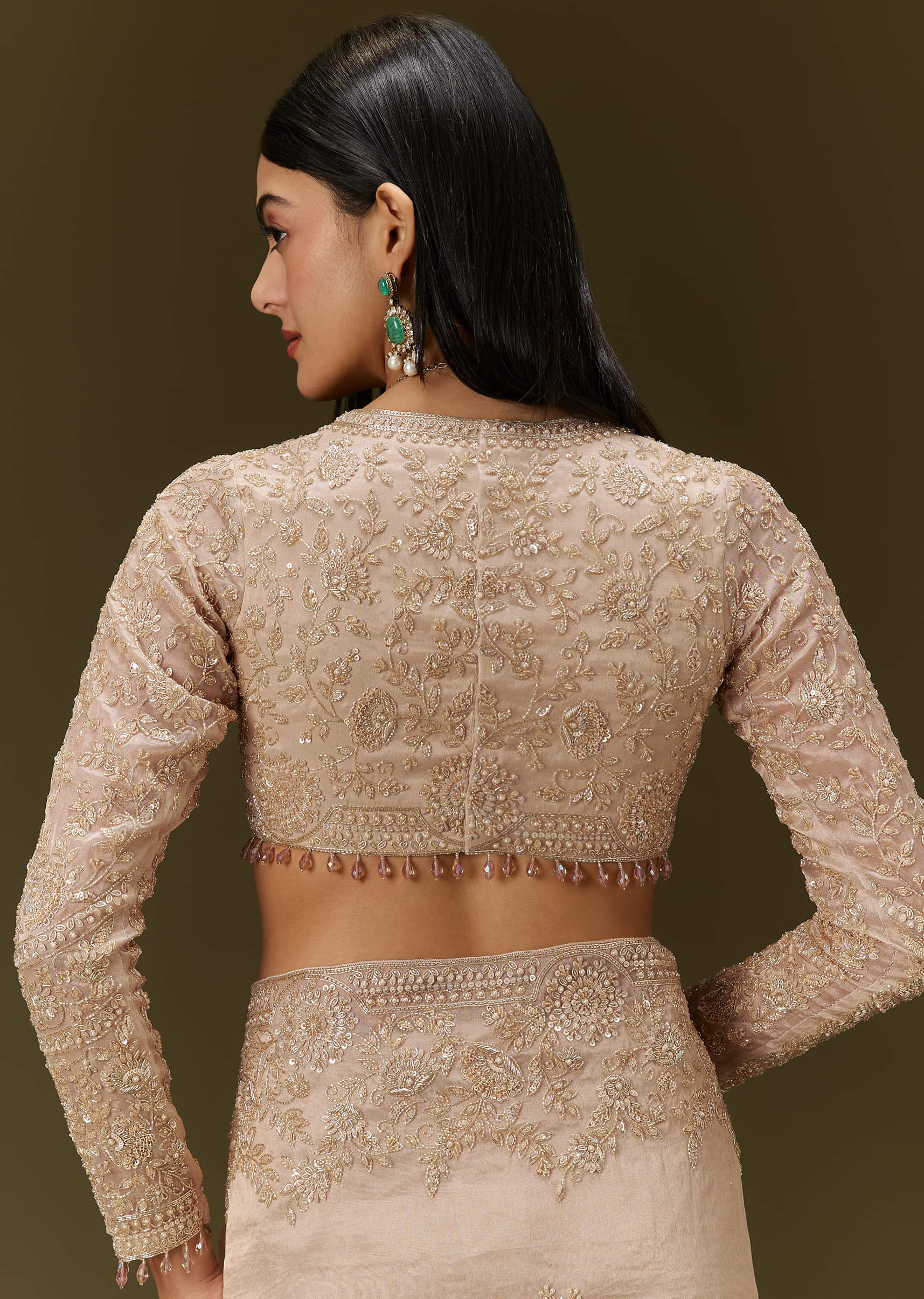 Beige Ivory Tissue Saree With Velvet Embroidered Blouse - Image 8