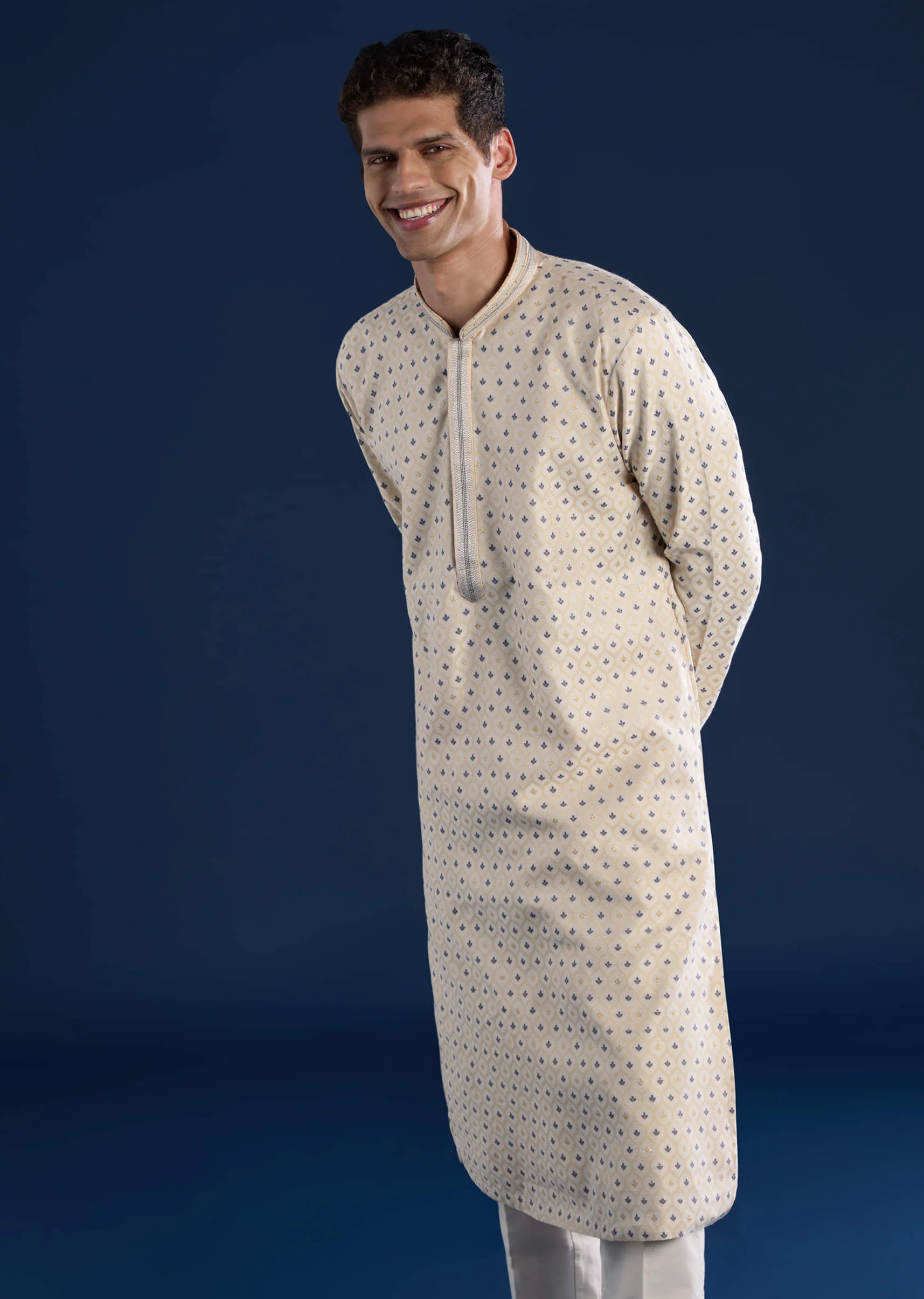 Beige Jacquard Mens Kurta and Pant Set - Image 4