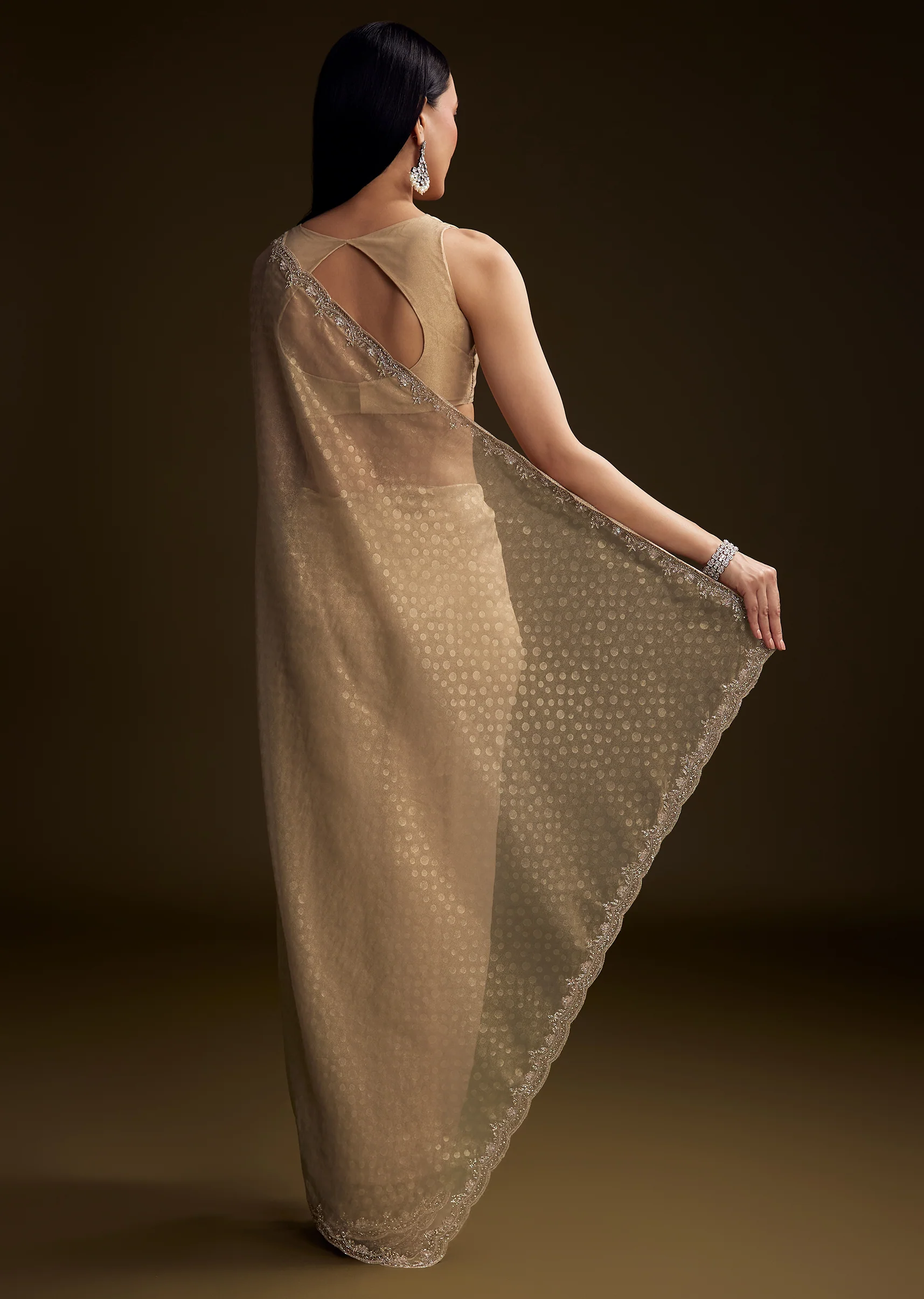 Beige Jacquard Saree With Sequin And Stone Embroidery - Image 6