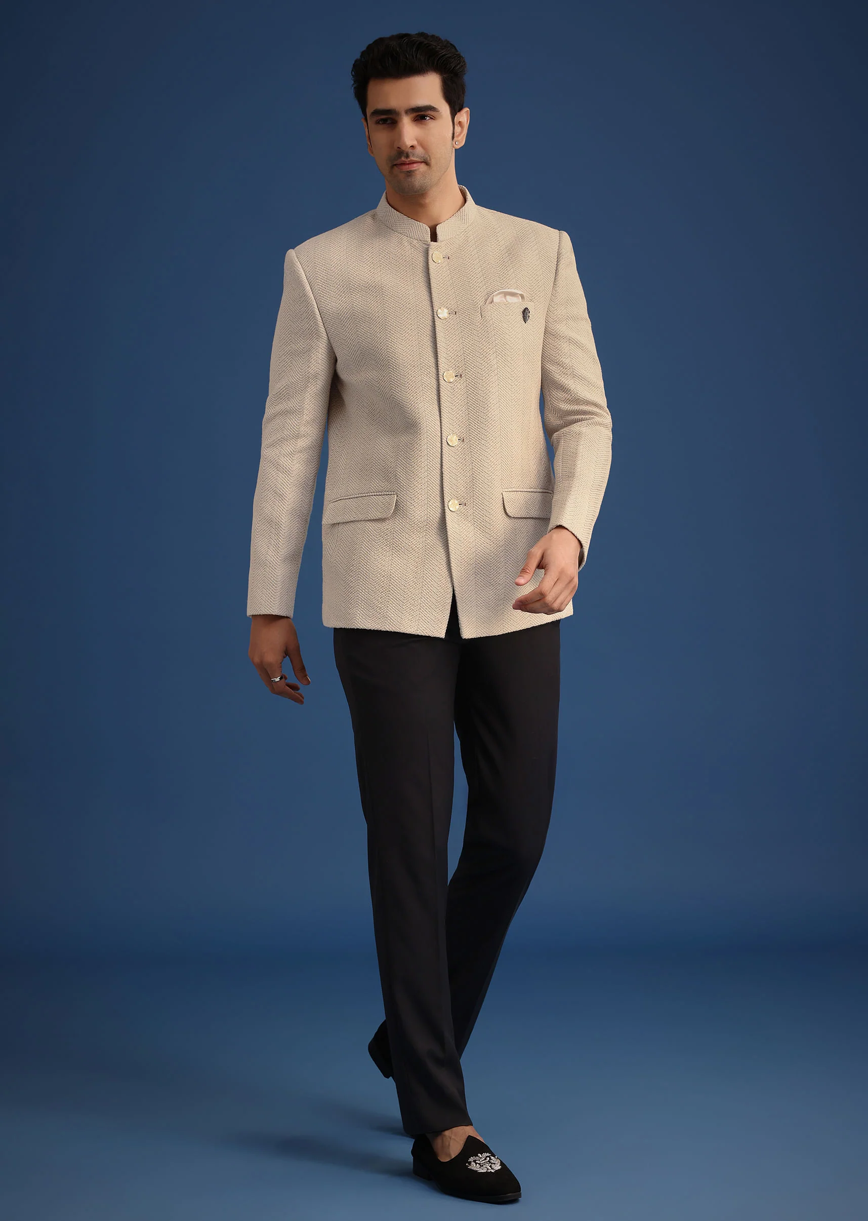 Beige Jodhpuri And Pant Set With Pocket Square - Image 3