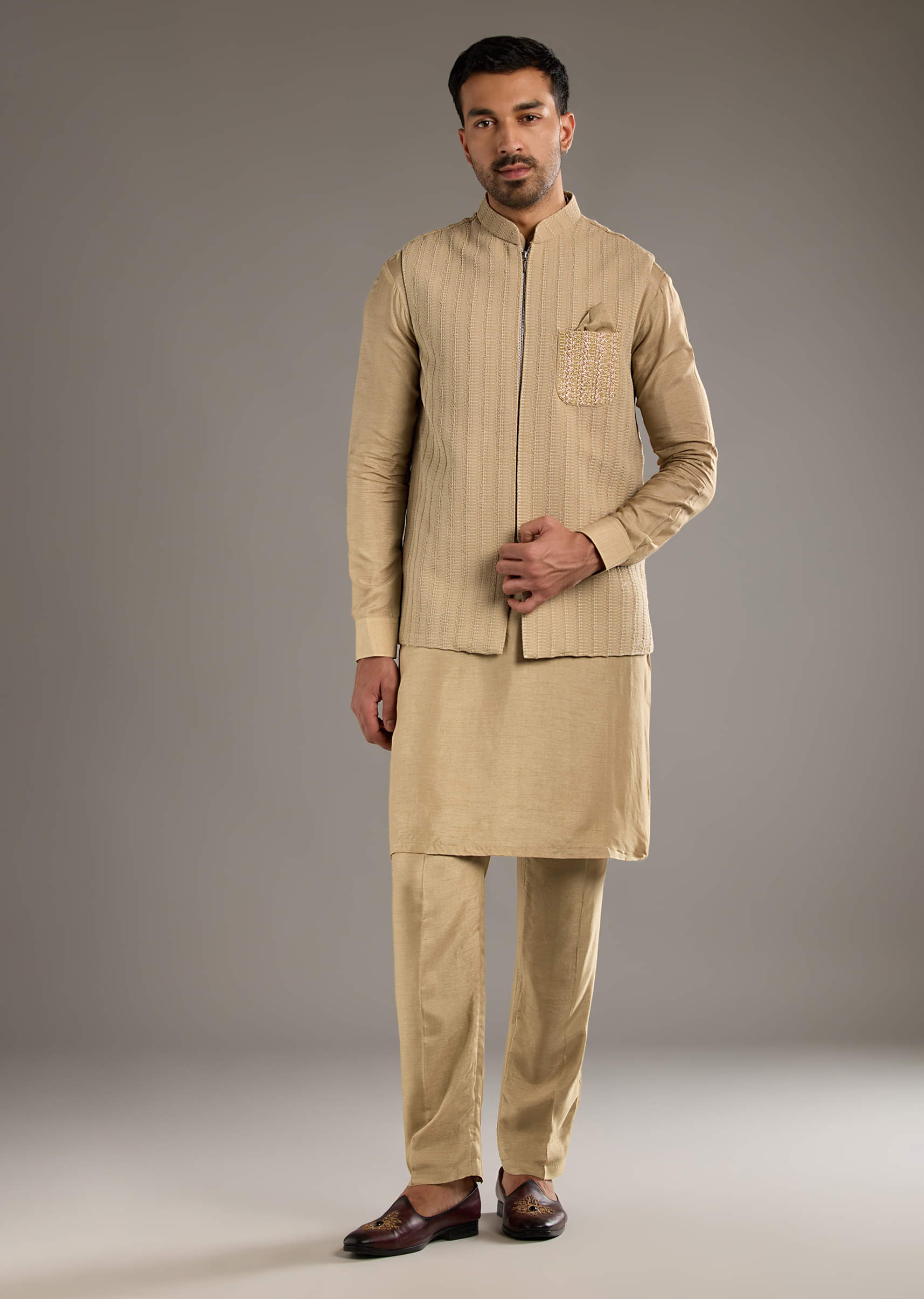 Beige Kurta Jacket Set For Men With Beads And Resham Work - Image 2