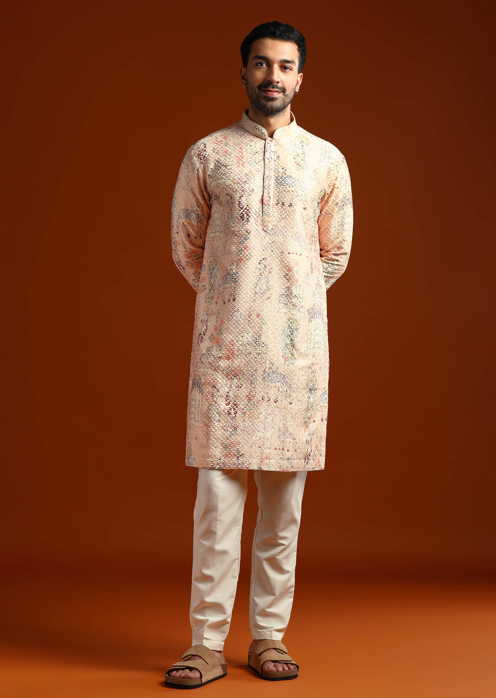 Beige Kurta Set For Men With Print And Sequins Embroidery - Image 3