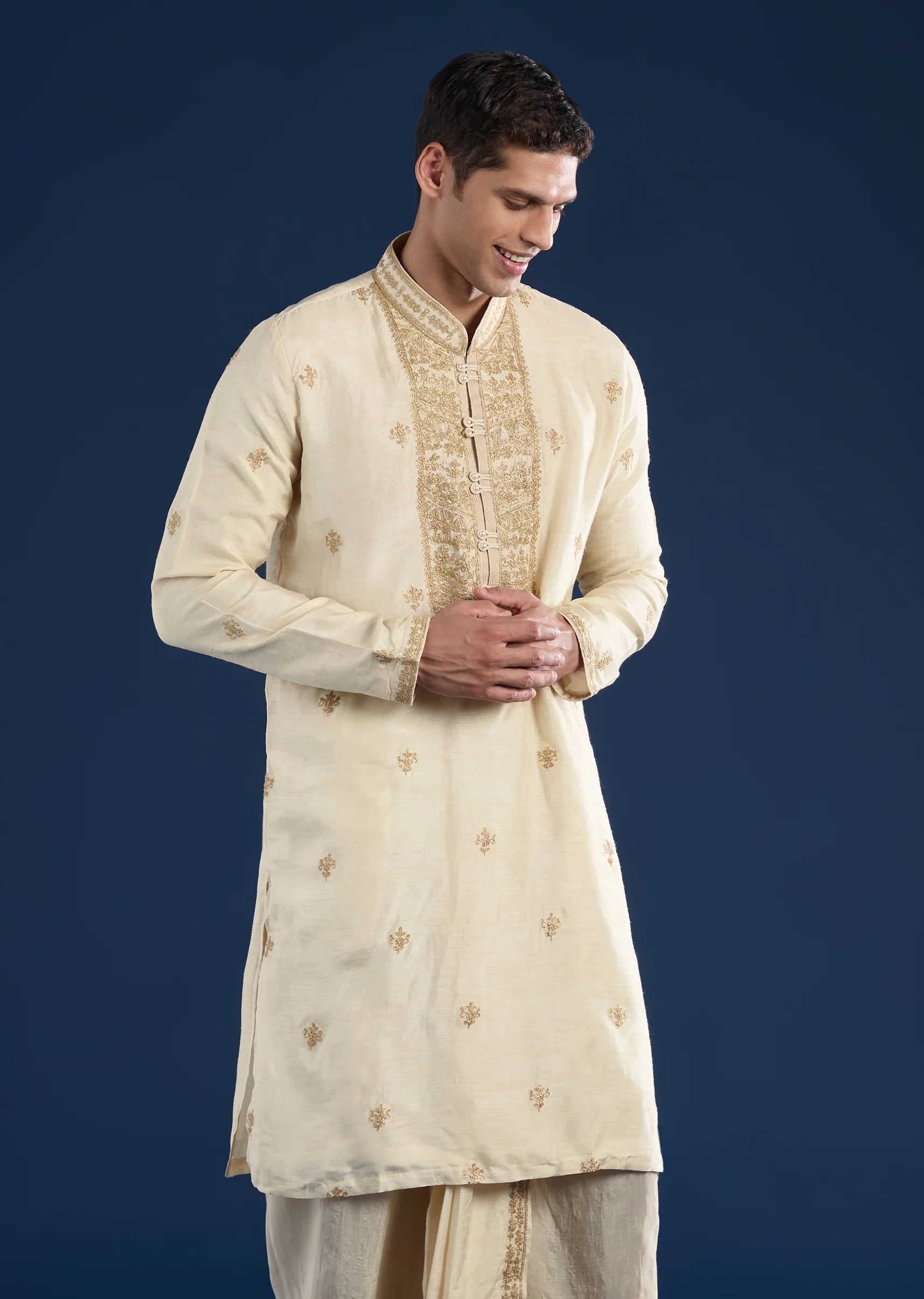 Beige Kurta with Dhoti & Dupatta Muhurtham Set - Image 6