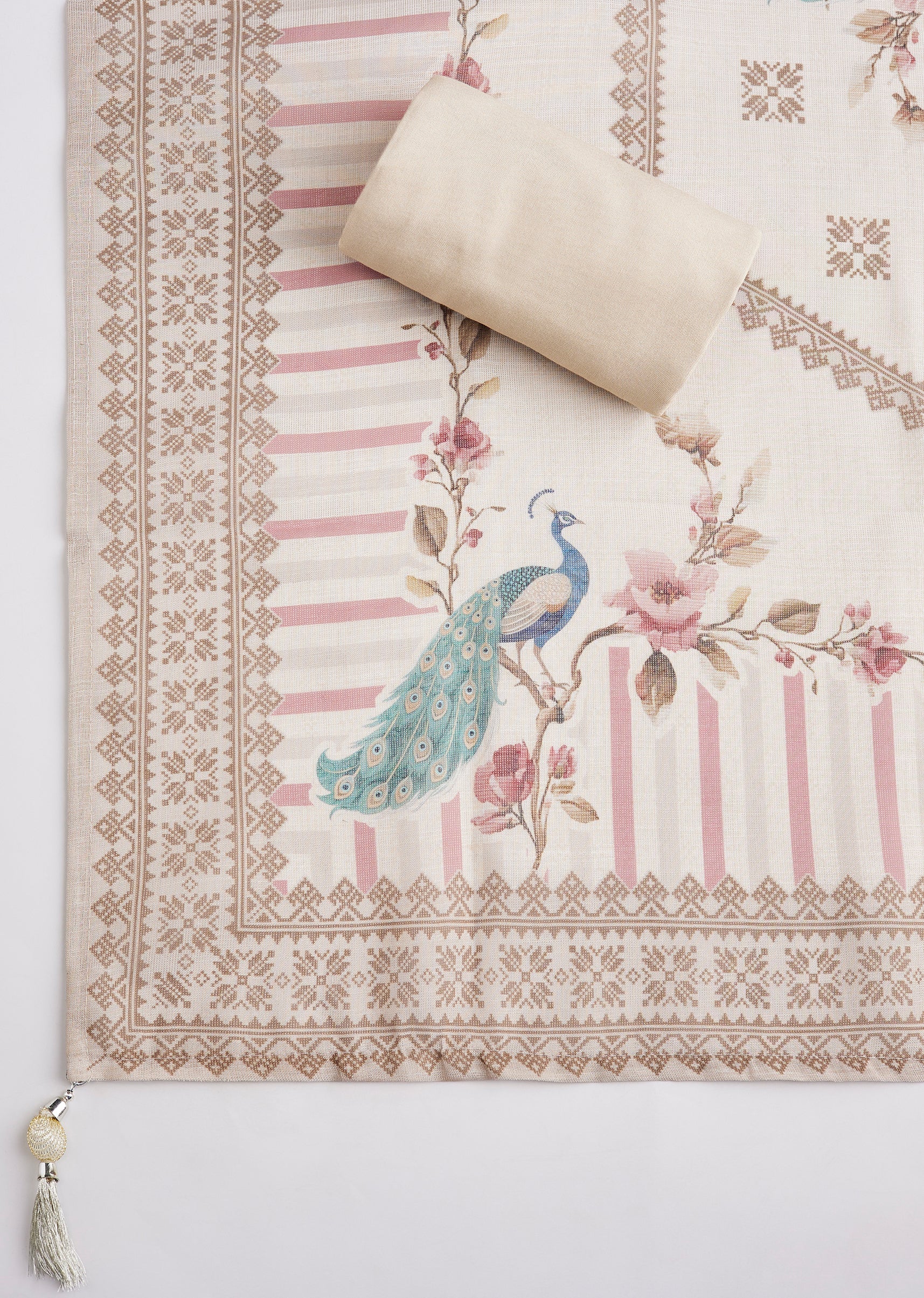 Beige Linen Abla Work Unstitched Suit Set With Dupatta - Image 4
