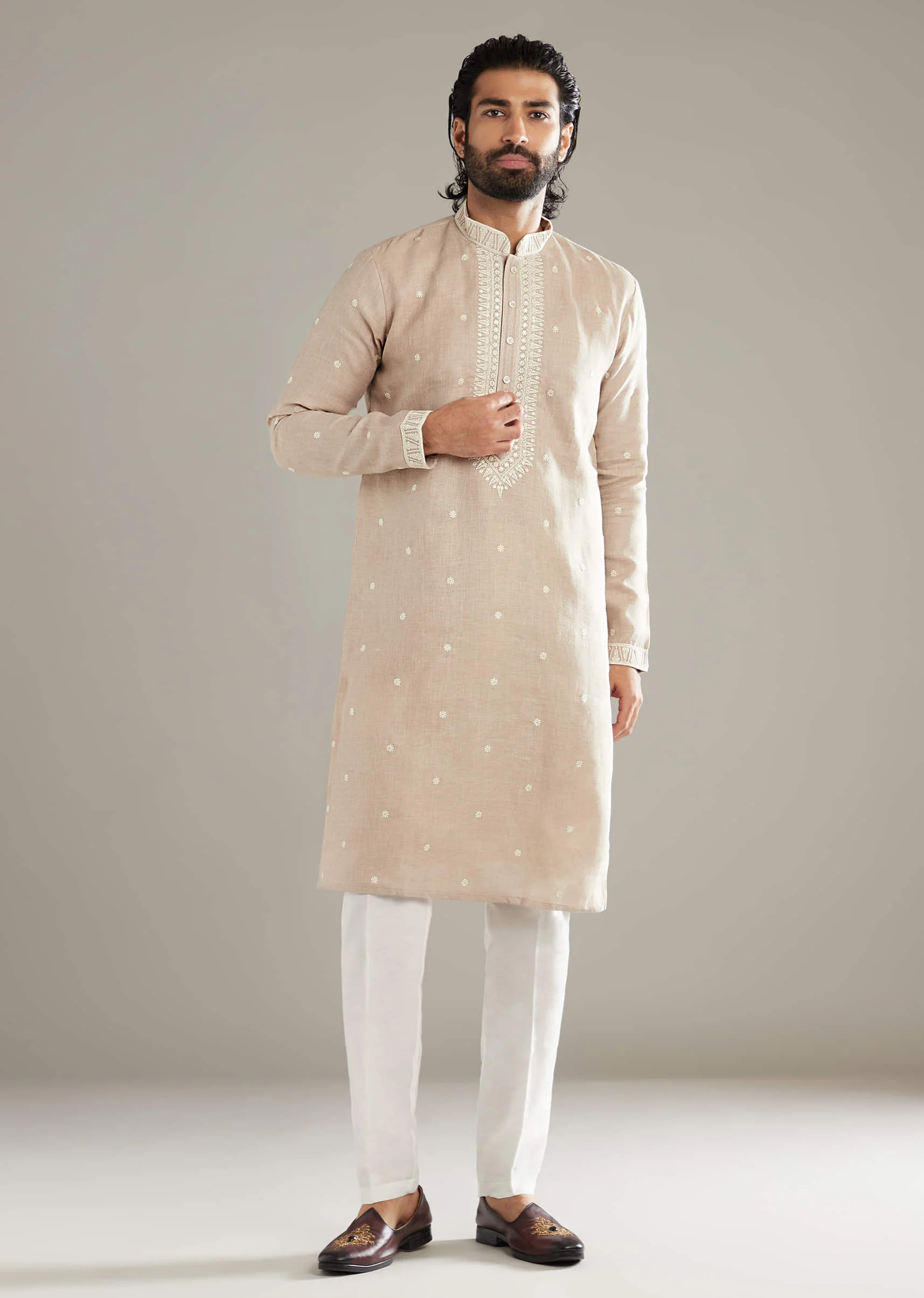 Beige Linen Kurta Set For Men With Resham Hand Work - Image 2