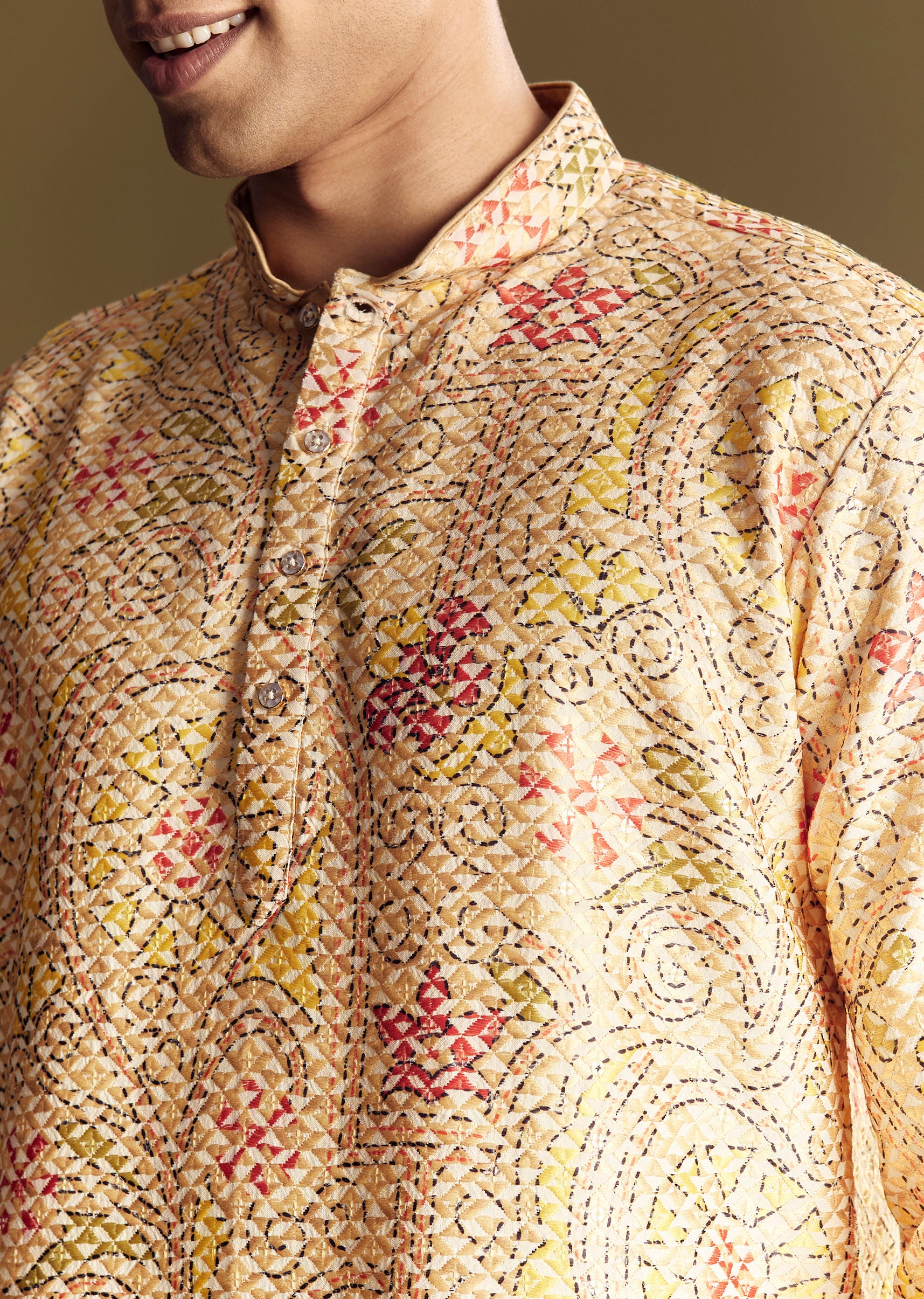 Beige Linen Kurta Set With Minimalist Detailing - Image 2
