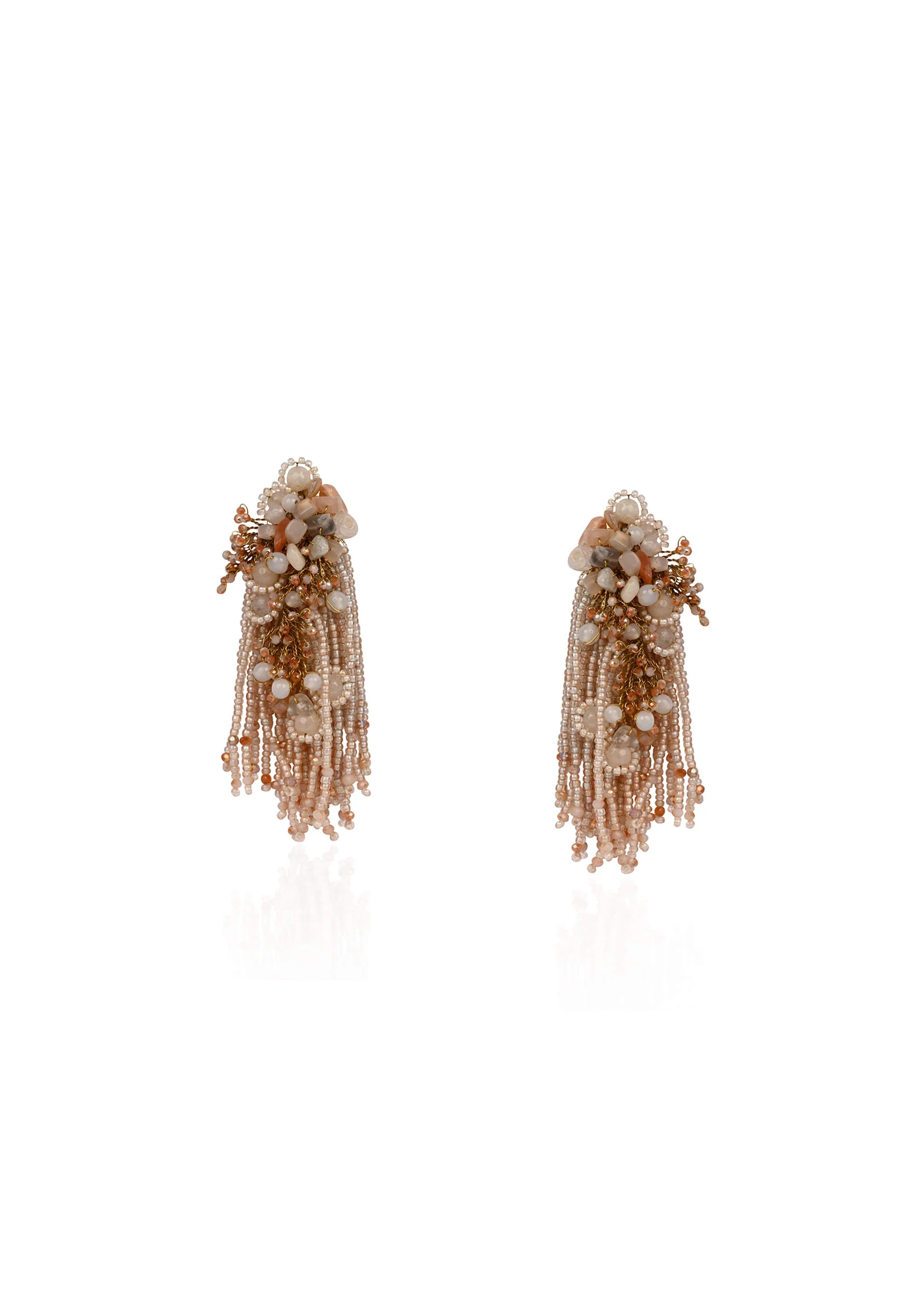 Beige Long Crystal Tassel Haldi Earrings - Image 3
