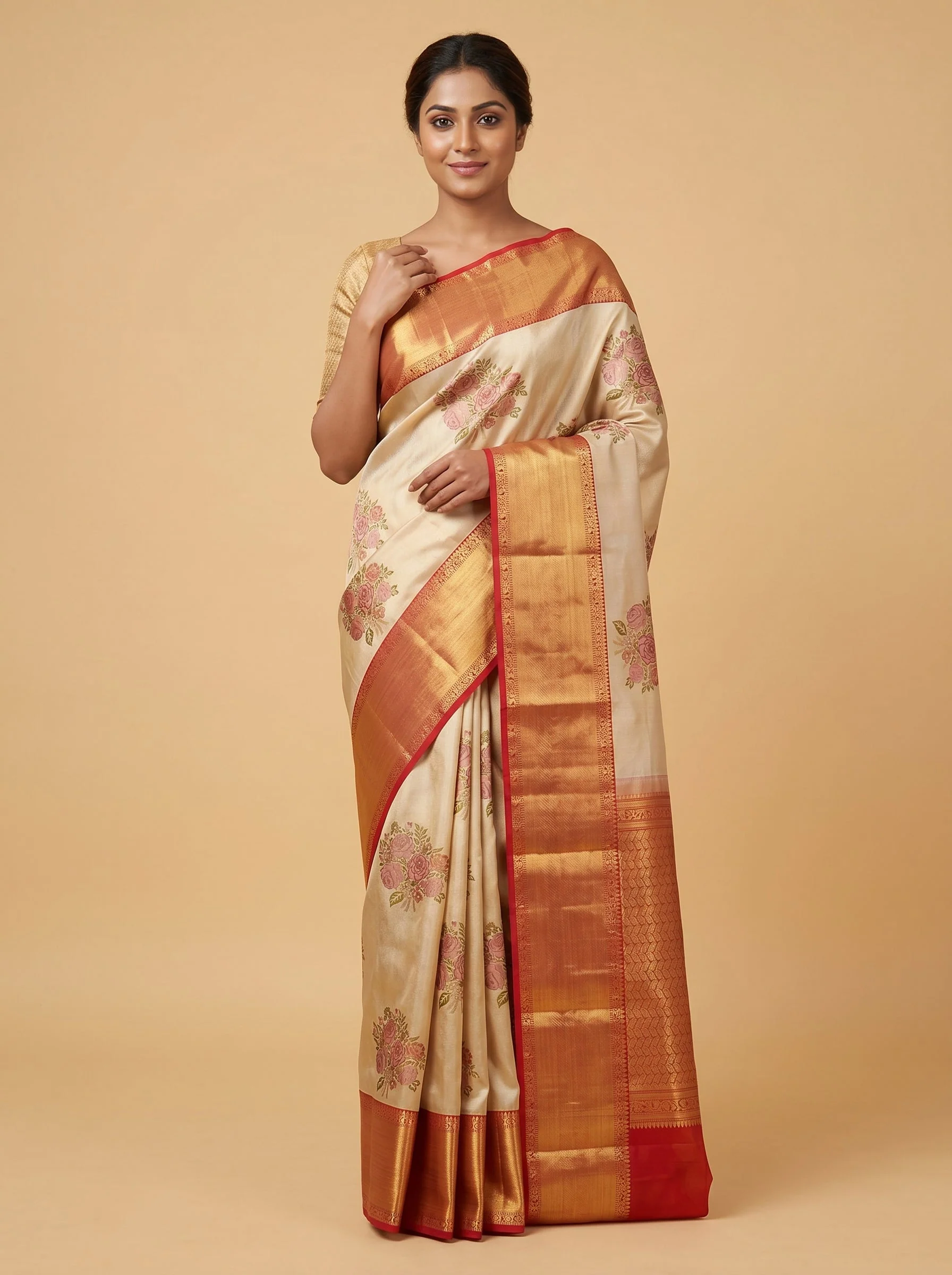 Beige Magenta Dual Weave Handloom Saree