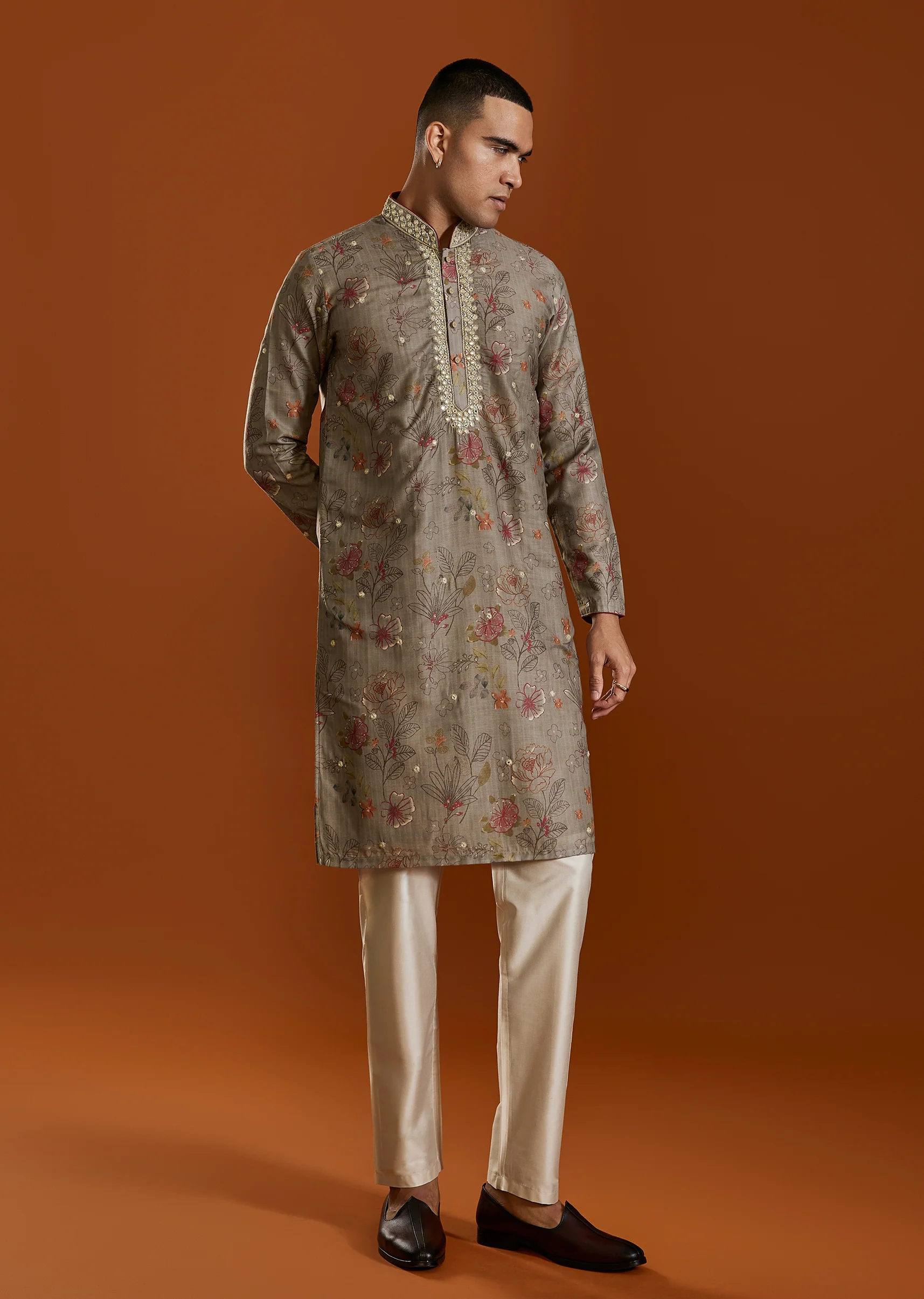 Beige Modal Chanderi Mirror Work Kurta Set