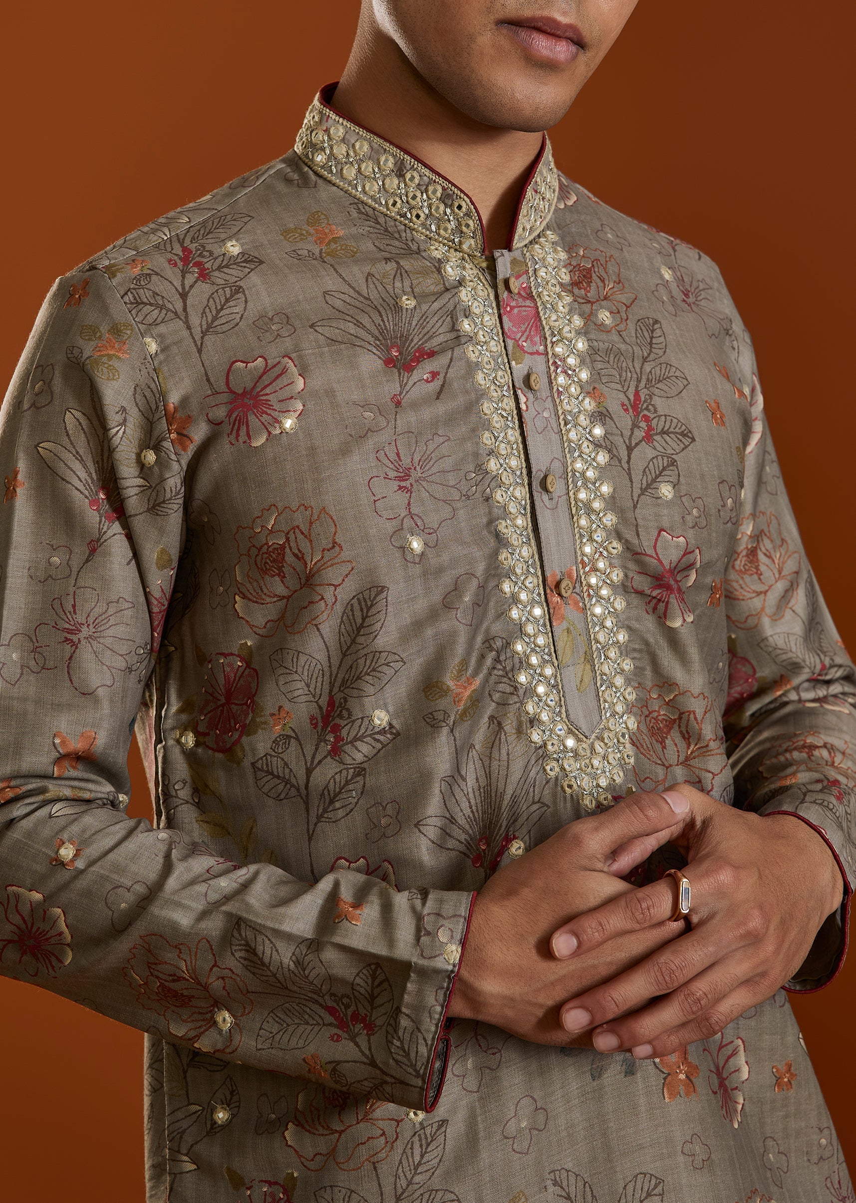 Beige Modal Chanderi Mirror Work Kurta Set - Image 2