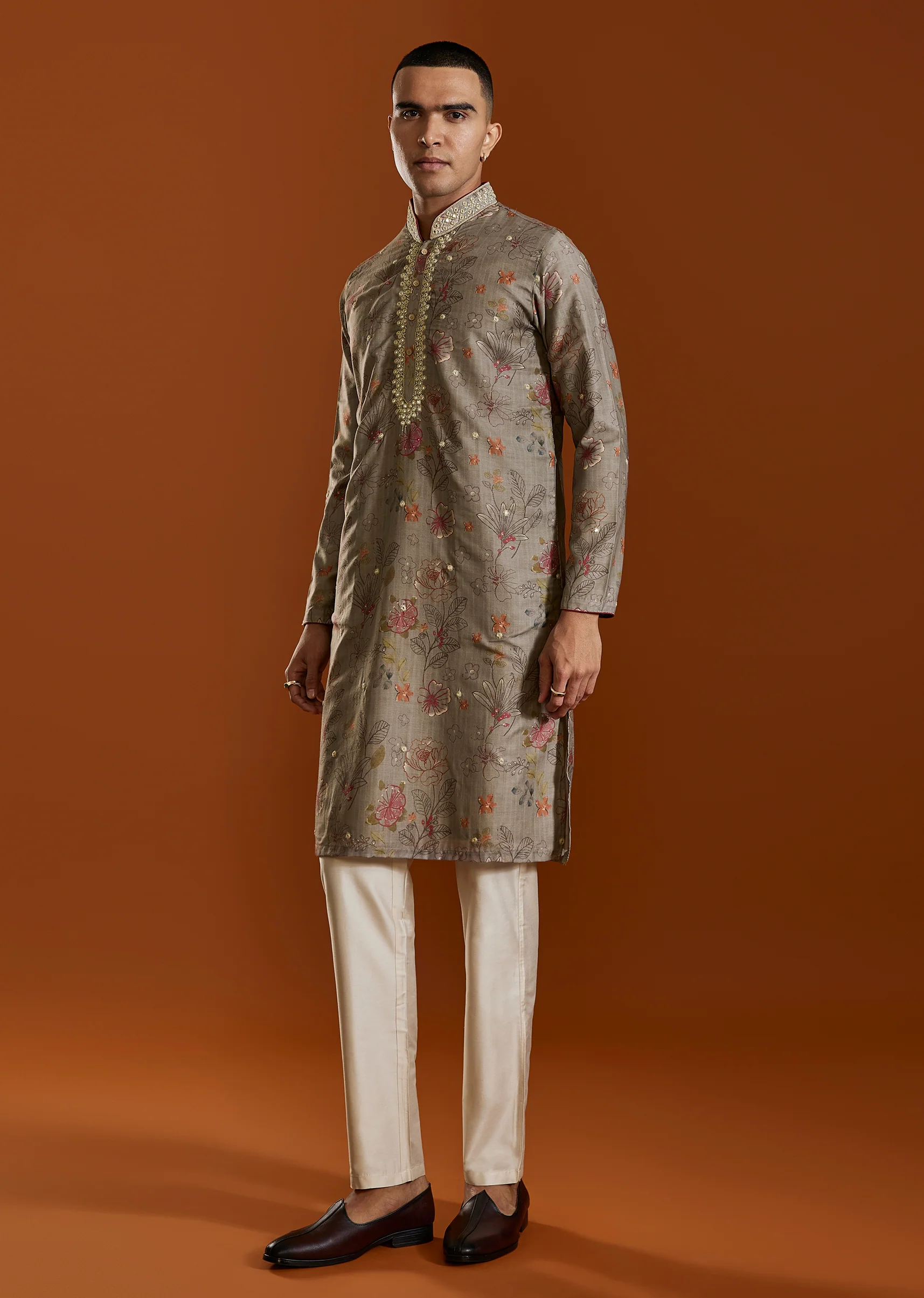Beige Modal Chanderi Mirror Work Kurta Set - Image 3