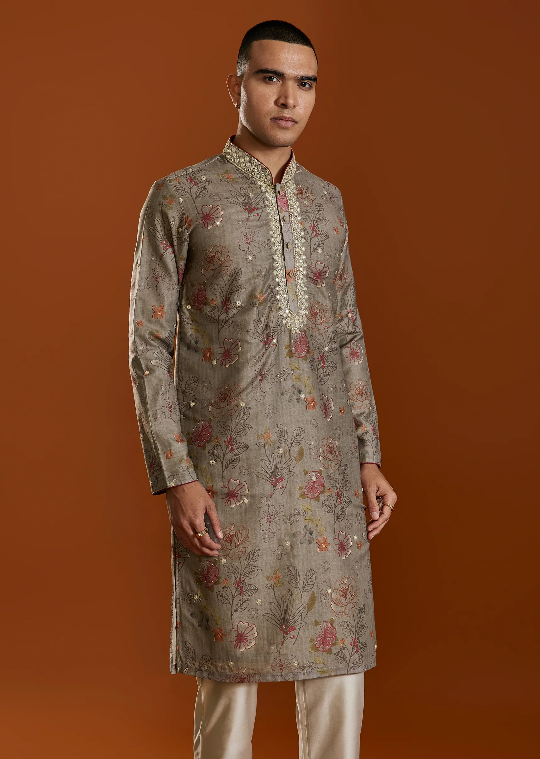 Beige Modal Chanderi Mirror Work Kurta Set - Image 4