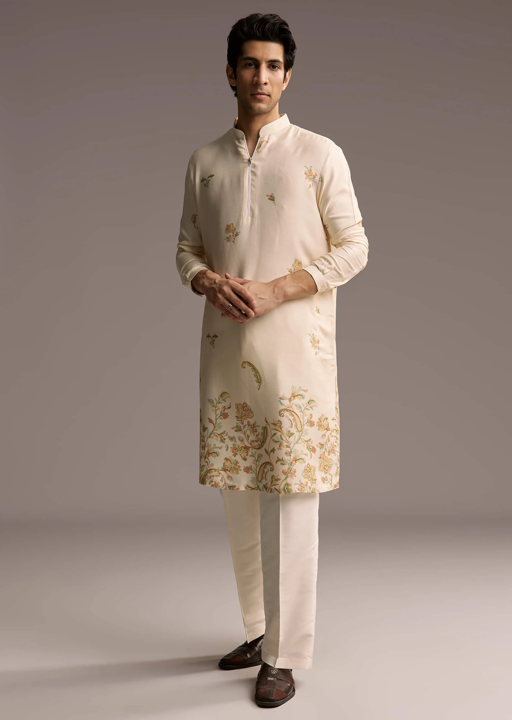 Beige Modal Printed Kurta Set For Men