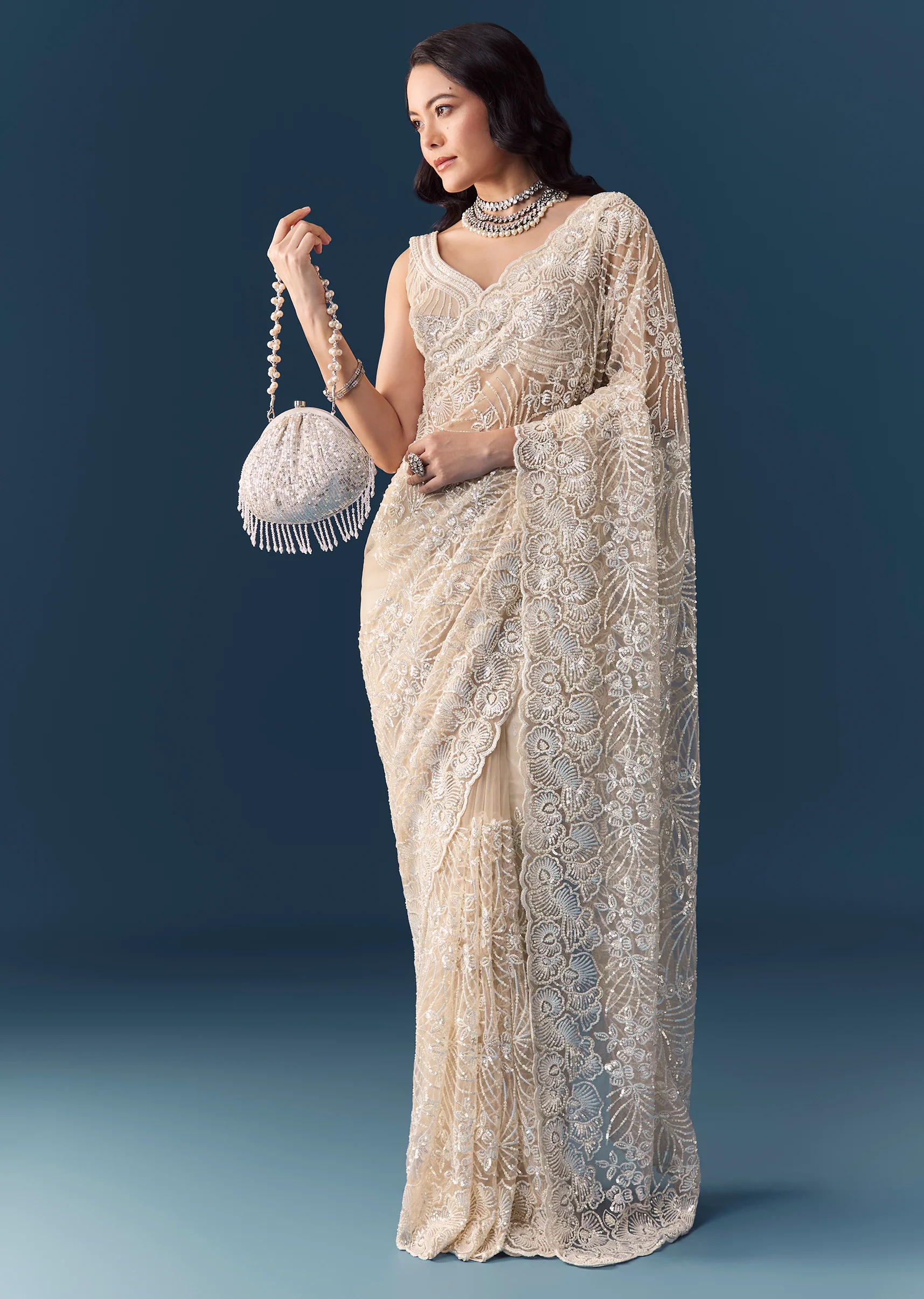 Beige Net Floral Jaal Sequin Work Saree with Unstitched Blouse - Image 3